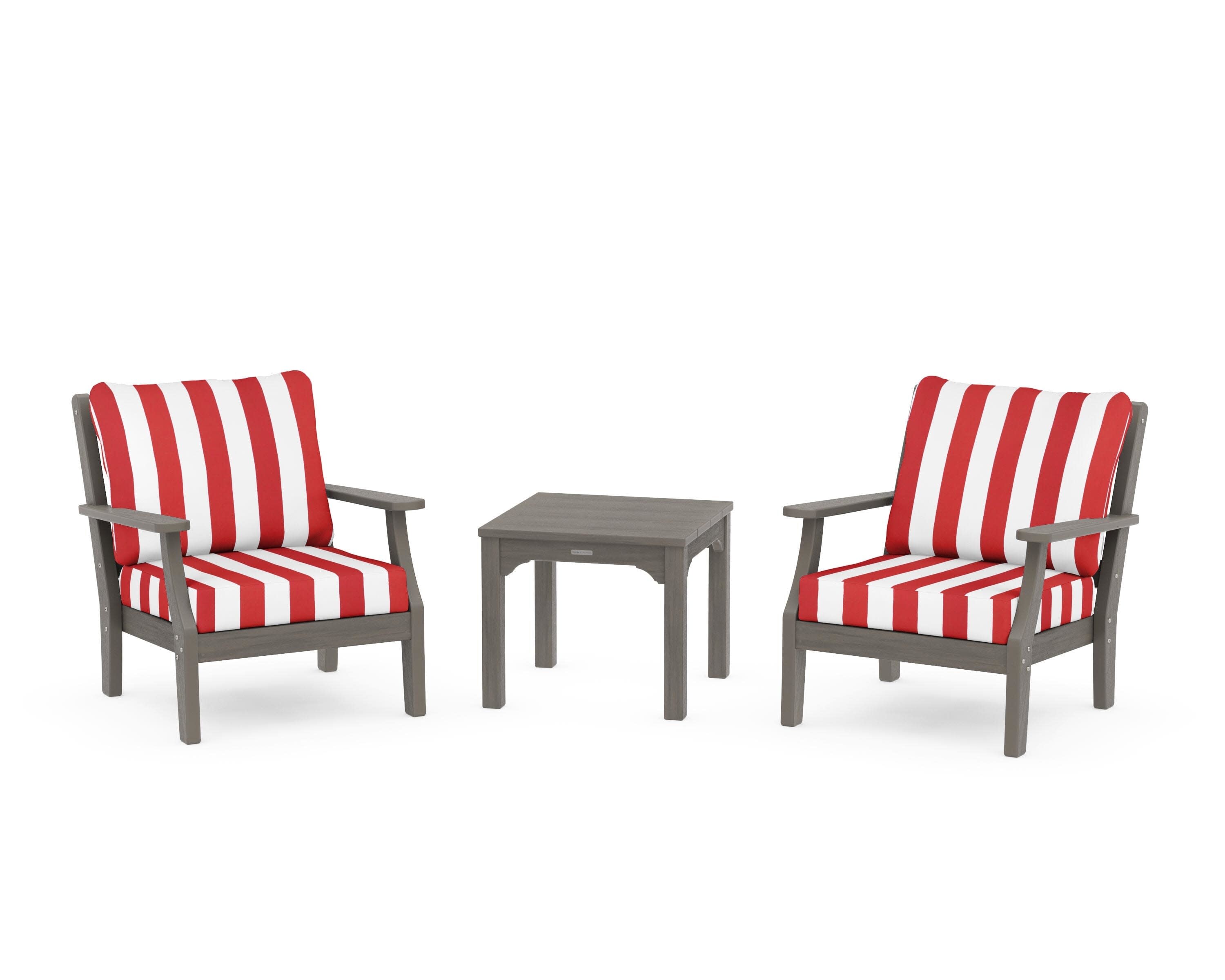 Chinoiserie 3-Piece Deep Seating Set in Driftwood / Cabana Stripe Crimson