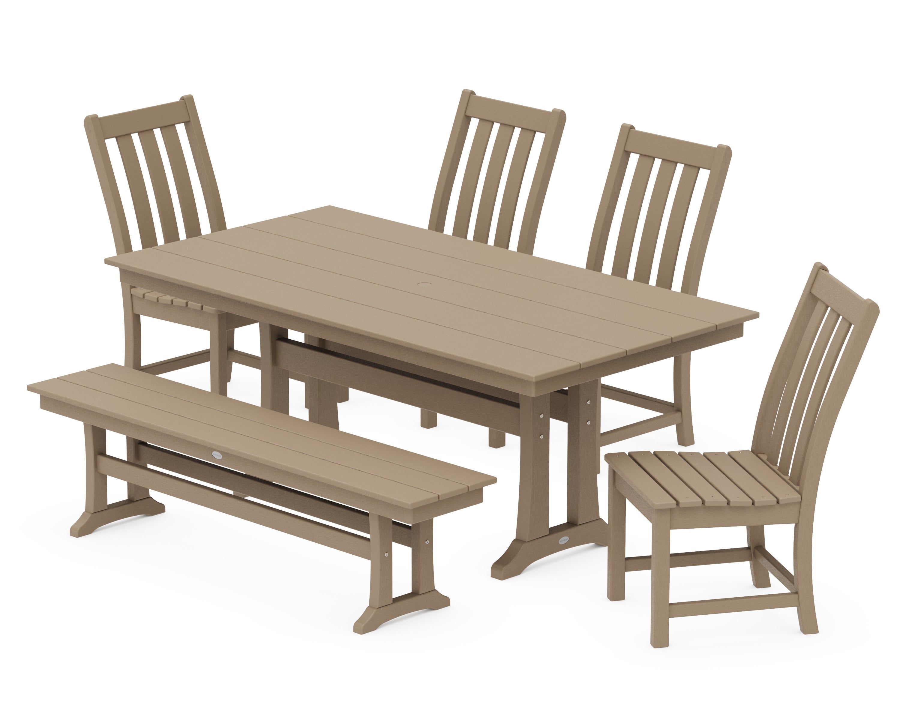 Vineyard Side Chair 6-Piece Farmhouse Dining Set with Trestle Legs and Bench in Vintage Sahara