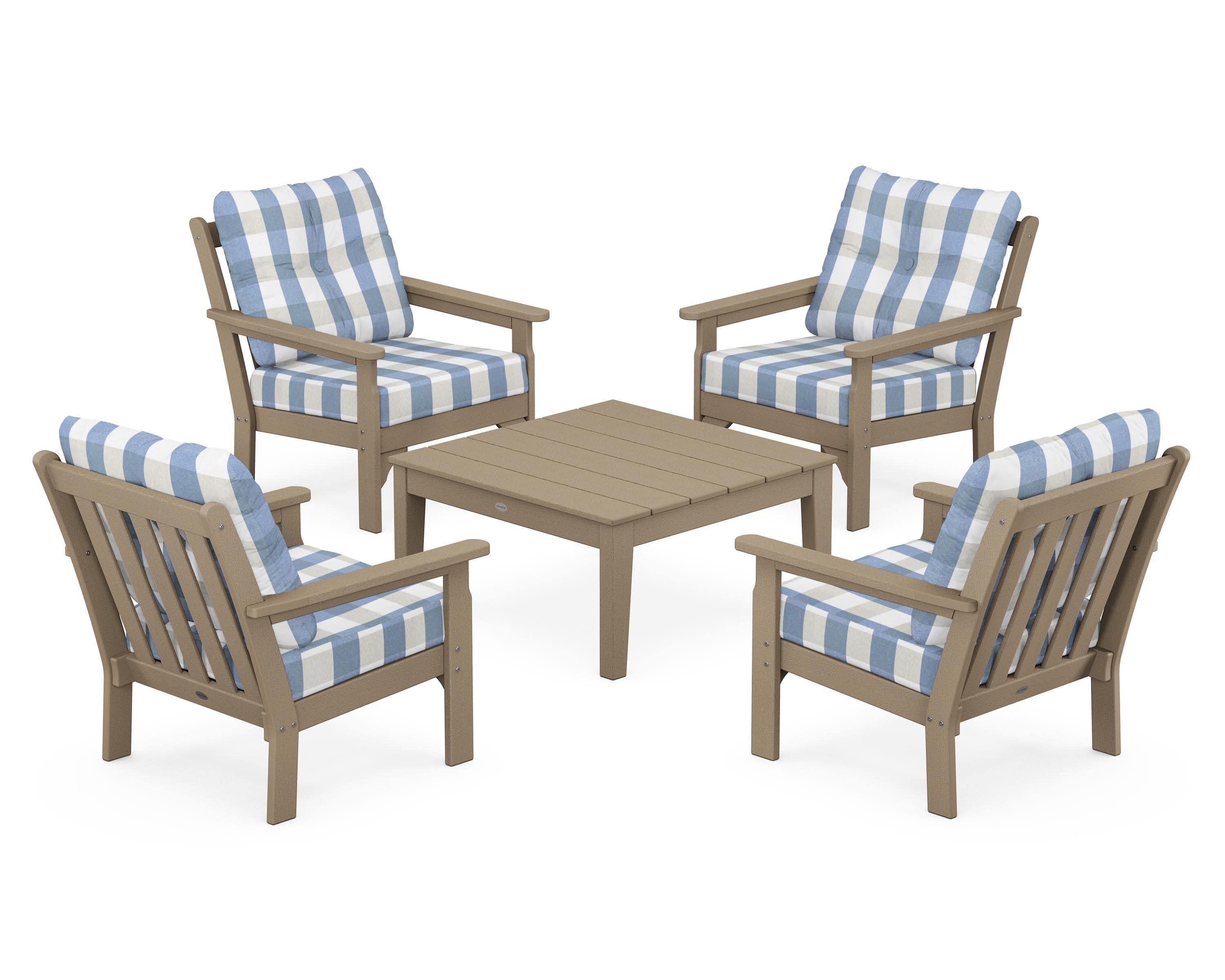 Vineyard 5-Piece Deep Seating Conversation Set in Vintage Sahara / Buffalo Plaid Sky Blue