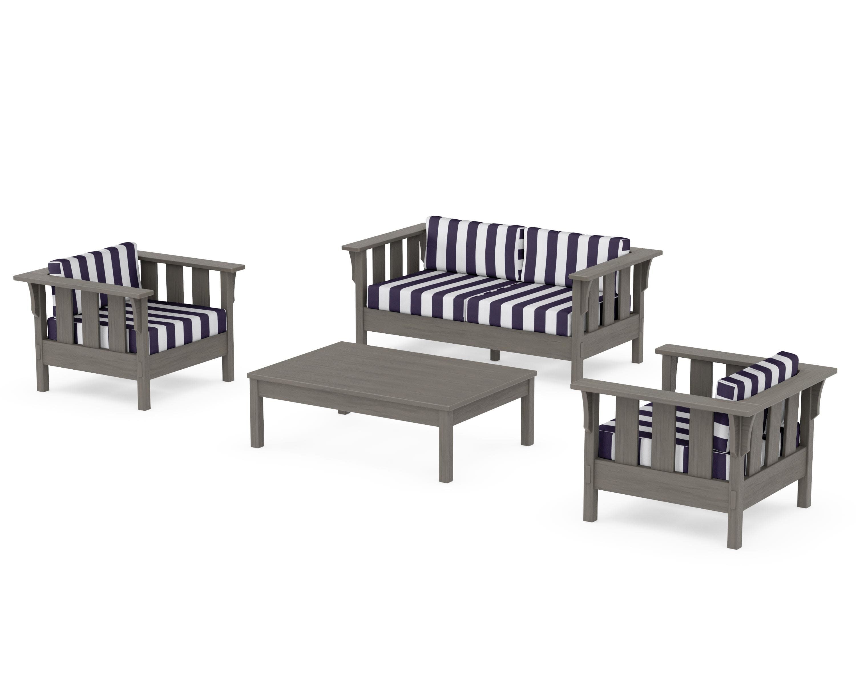 Acadia 4-Piece Deep Seating Set with Loveseat in Driftwood / Cabana Stripe Navy