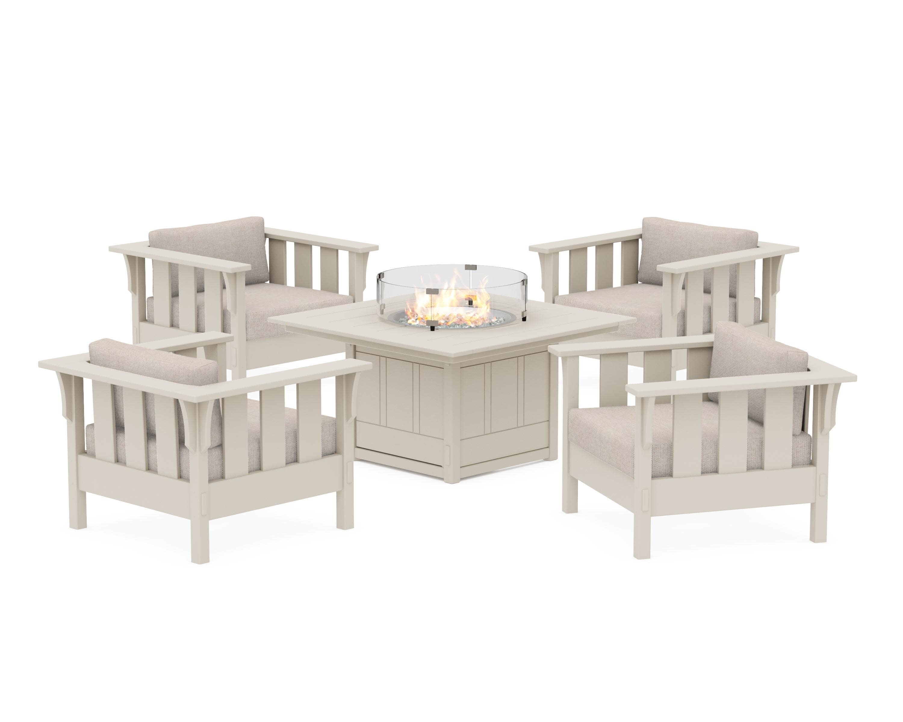Acadia 5-Piece Deep Seating Set with Fire Pit Table in Sand / Blend Linen