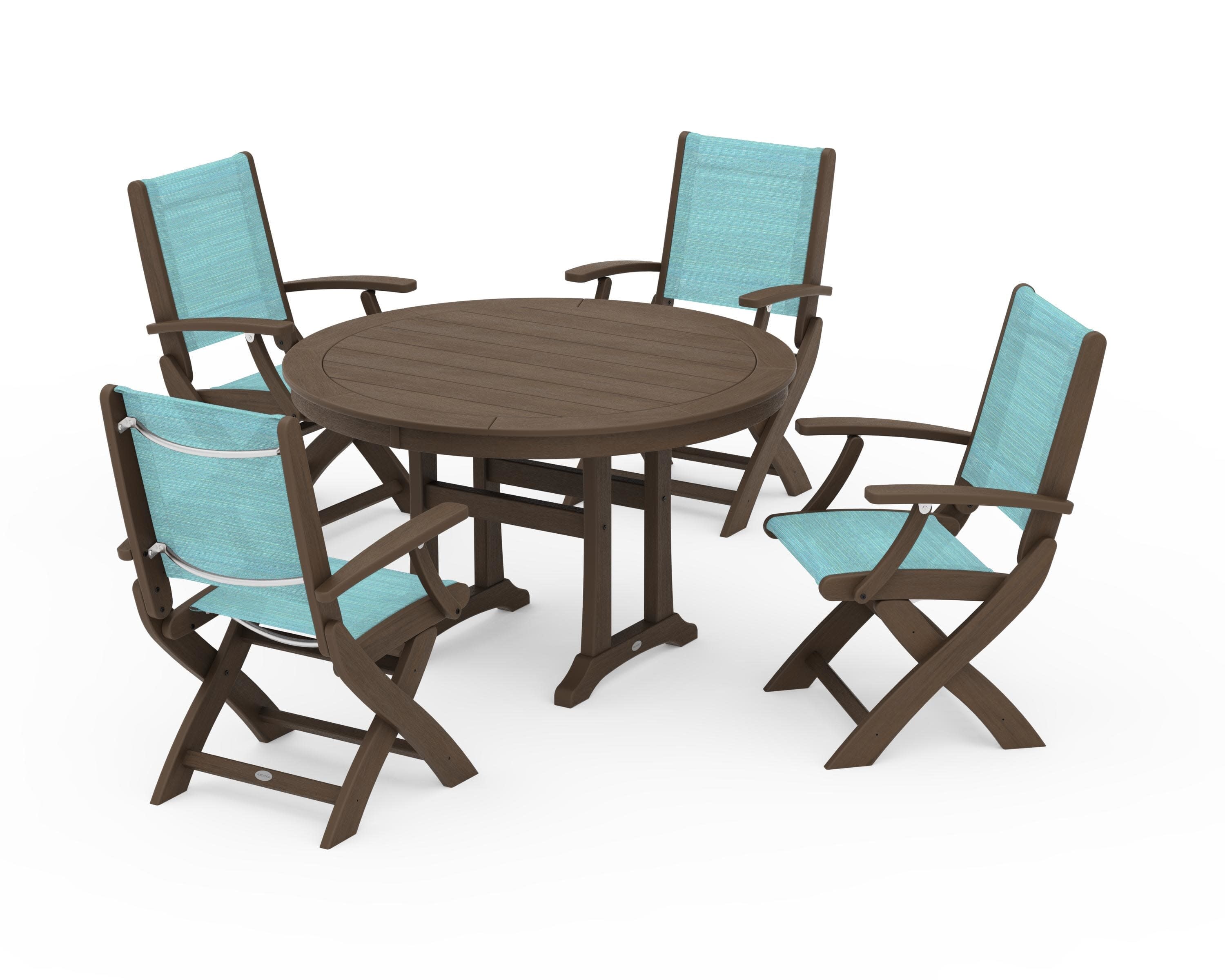 Coastal Folding Chair 5-Piece Round Dining Set with Trestle Legs in Kona / Dupioni Aquamarine Sling
