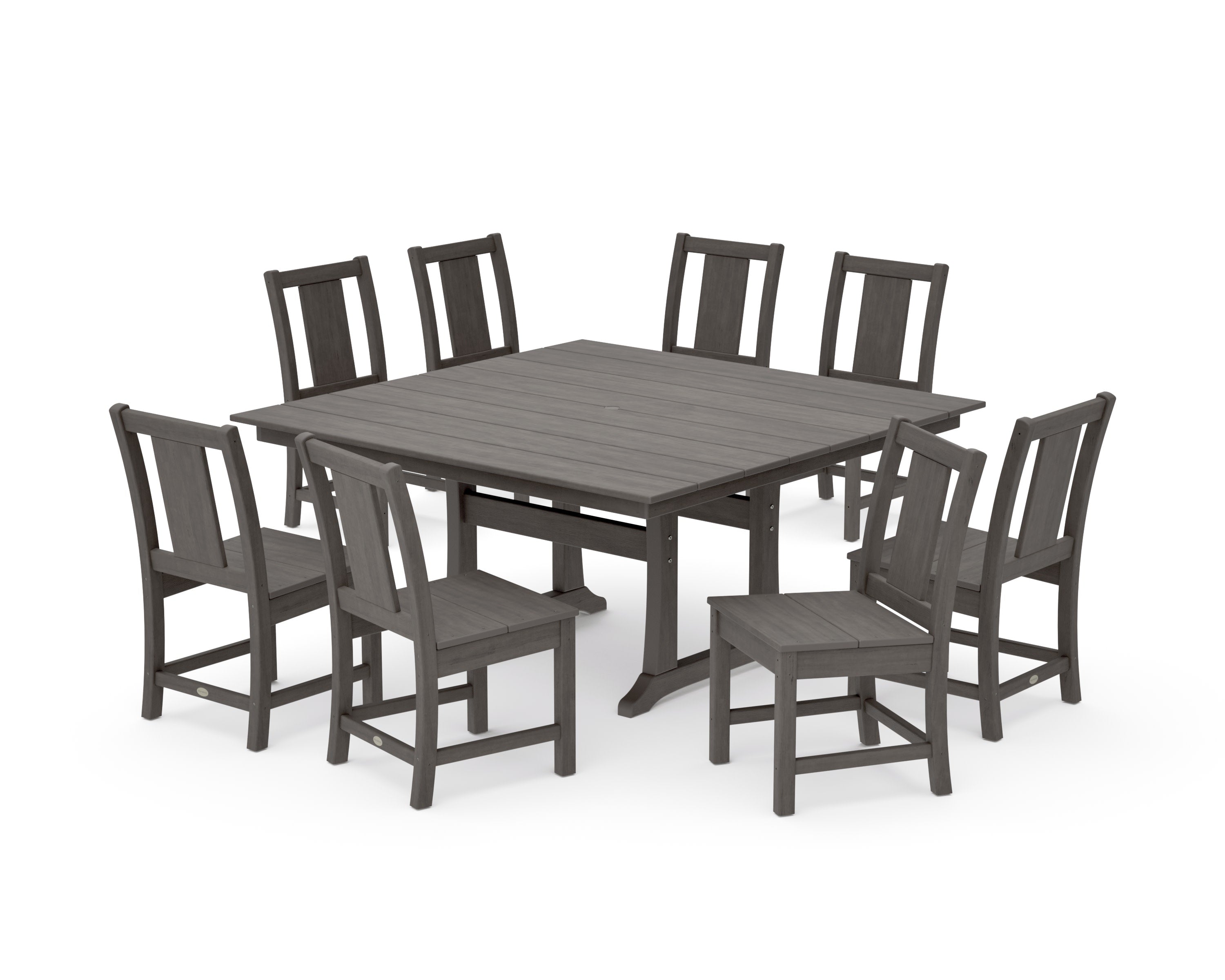 Prairie Side Chair 9-Piece Square Farmhouse Dining Set with Trestle Legs in Driftwood