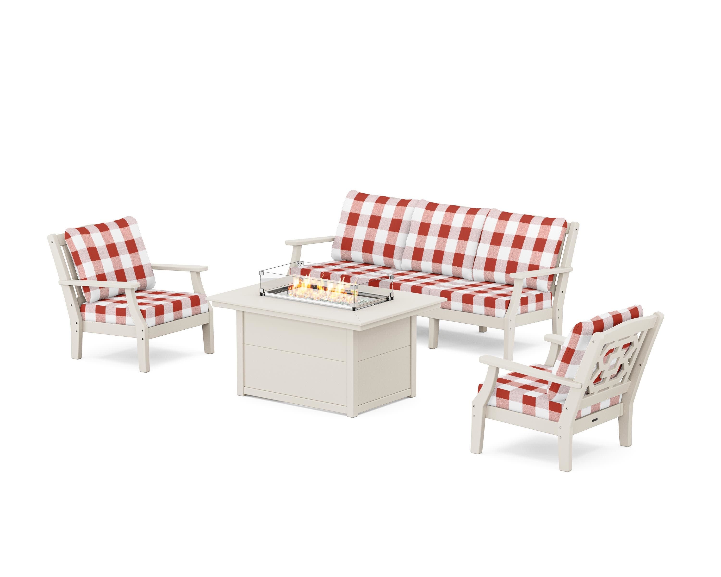 Chinoiserie Deep Seating Fire Pit Table Set in Sand / Buffalo Plaid Crimson