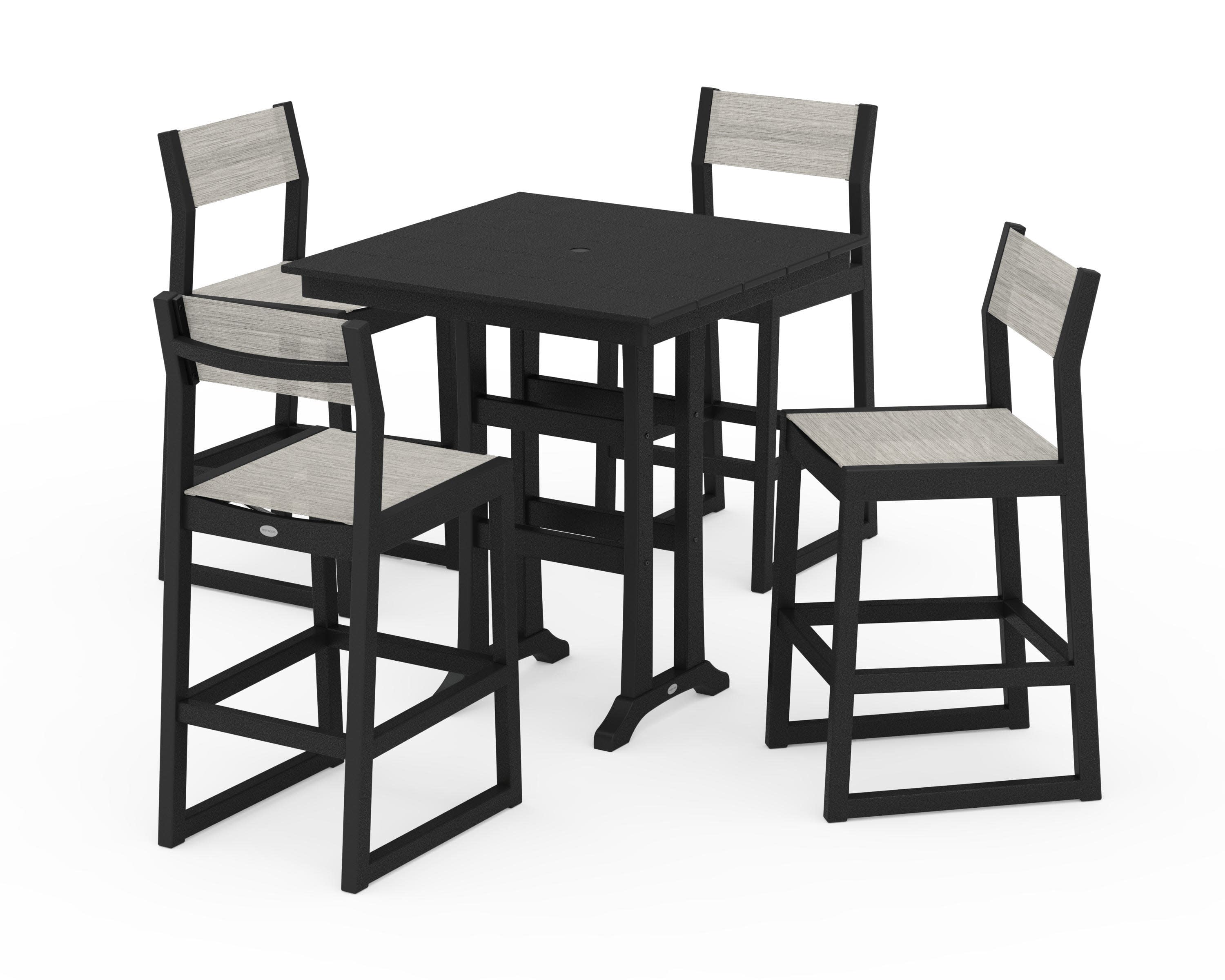 EDGE Sling Arm Chair 5-Piece Farmhouse Bar Set with Trestle Legs in Black / Birch Sling