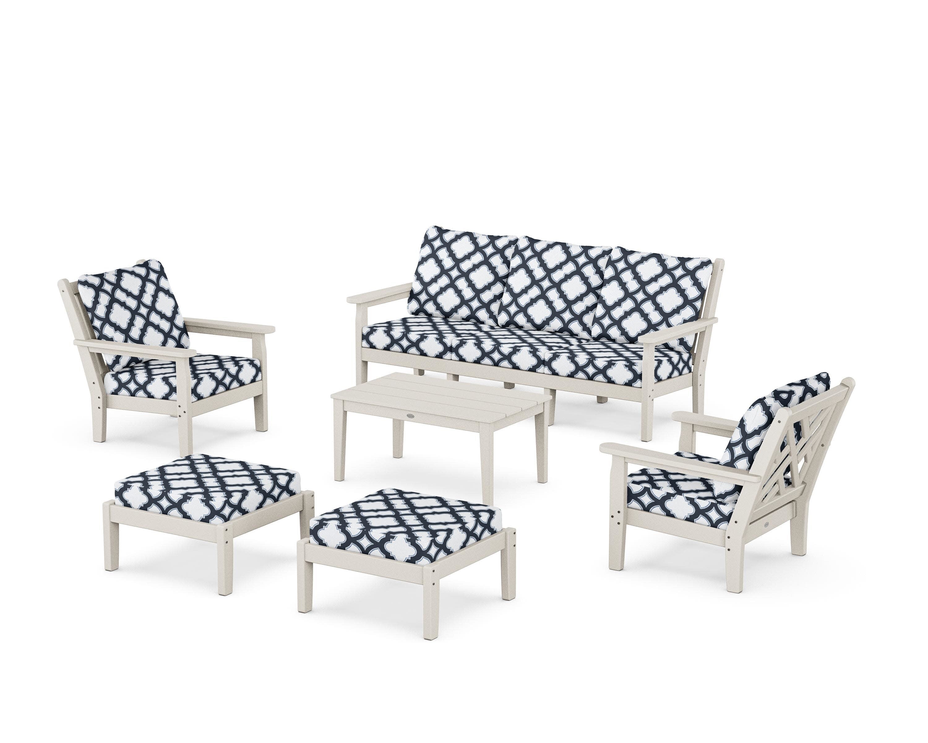 Chippendale 6-Piece Lounge Sofa Set in Sand / Trellis Marine Indigo