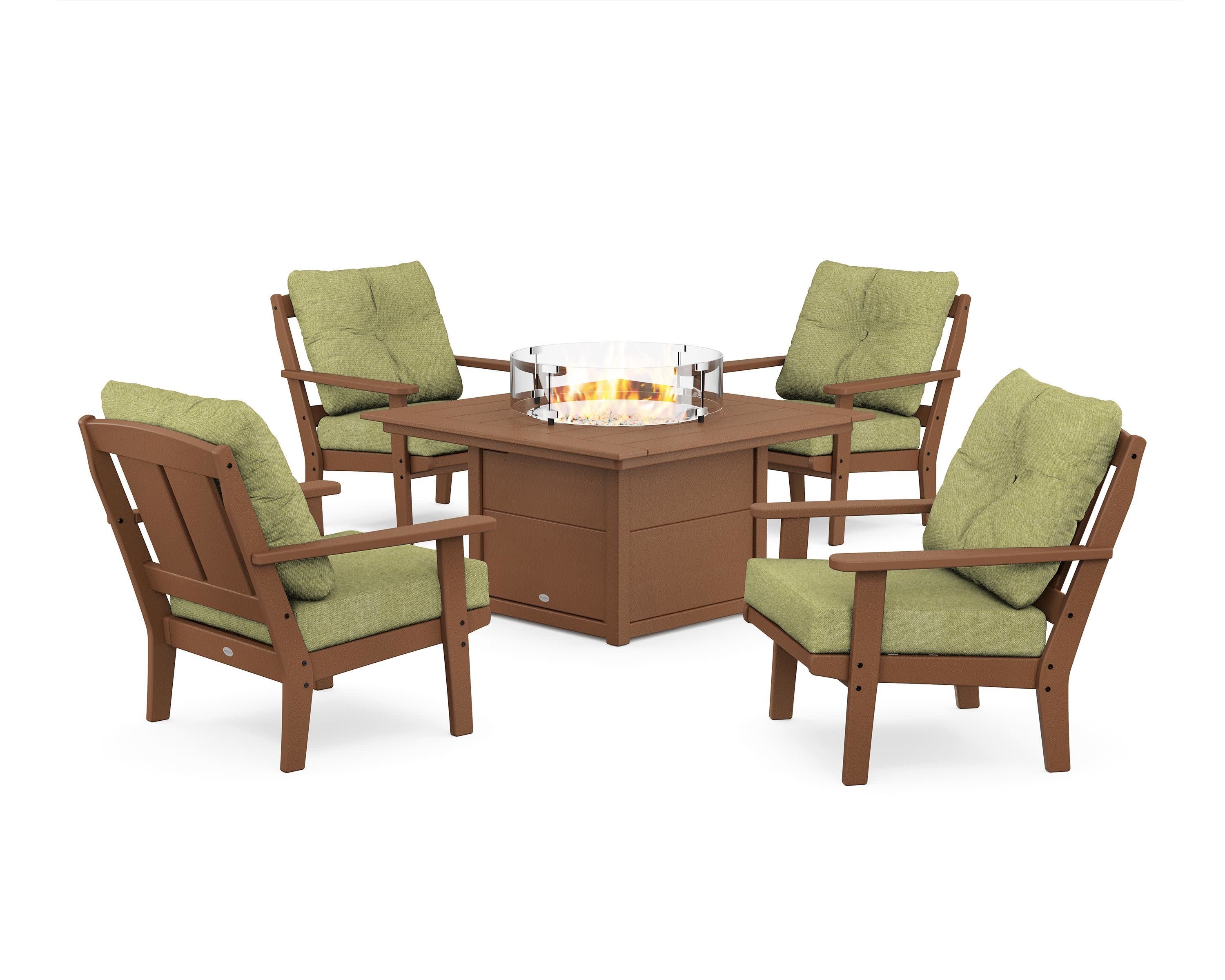 Mission 5-Piece Deep Seating Set with Fire Pit Table in Teak / Chartreuse Boucle