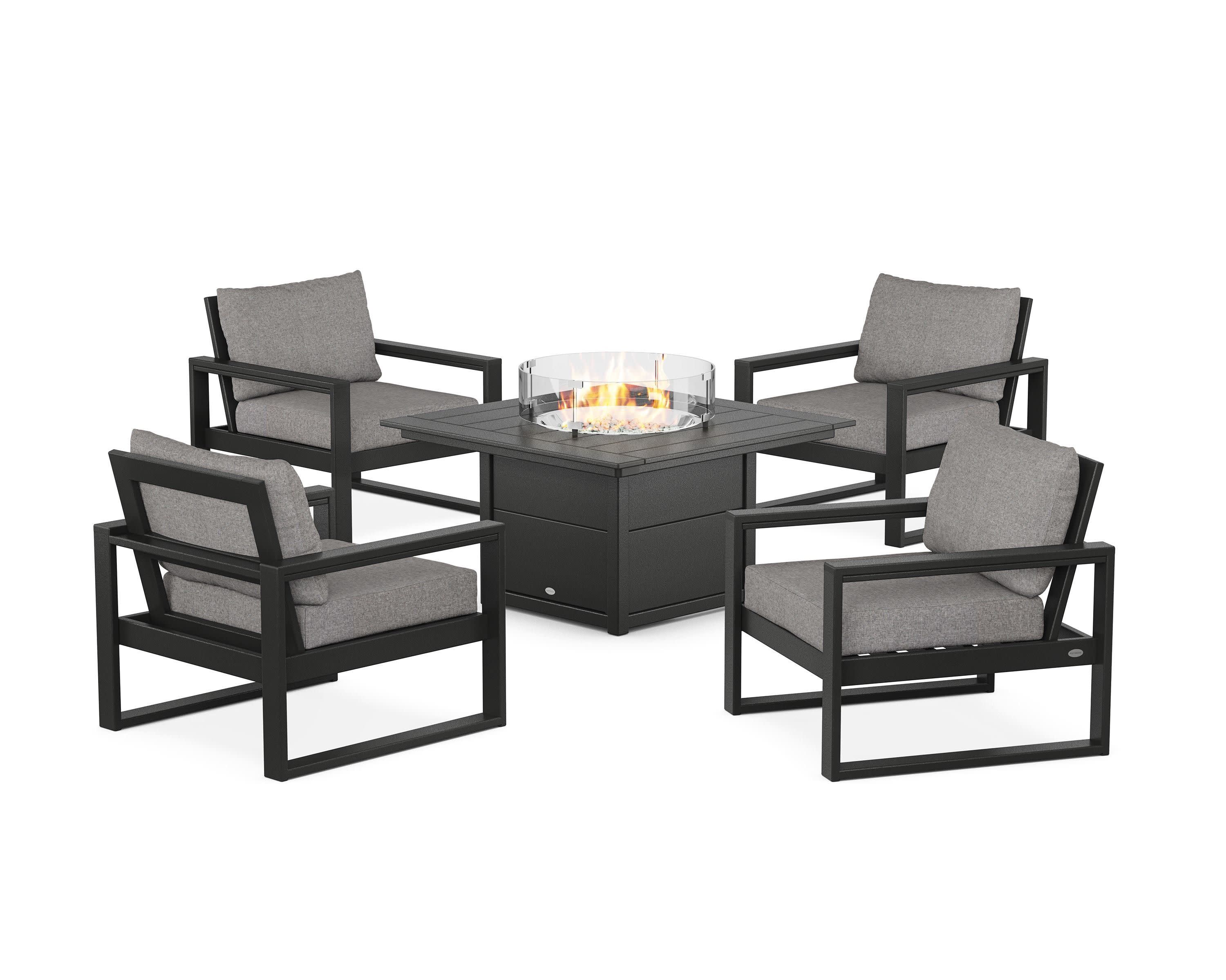 EDGE Sectional 5-Piece Deep Seating Set with Fire Pit Table in Black / Grey Mist