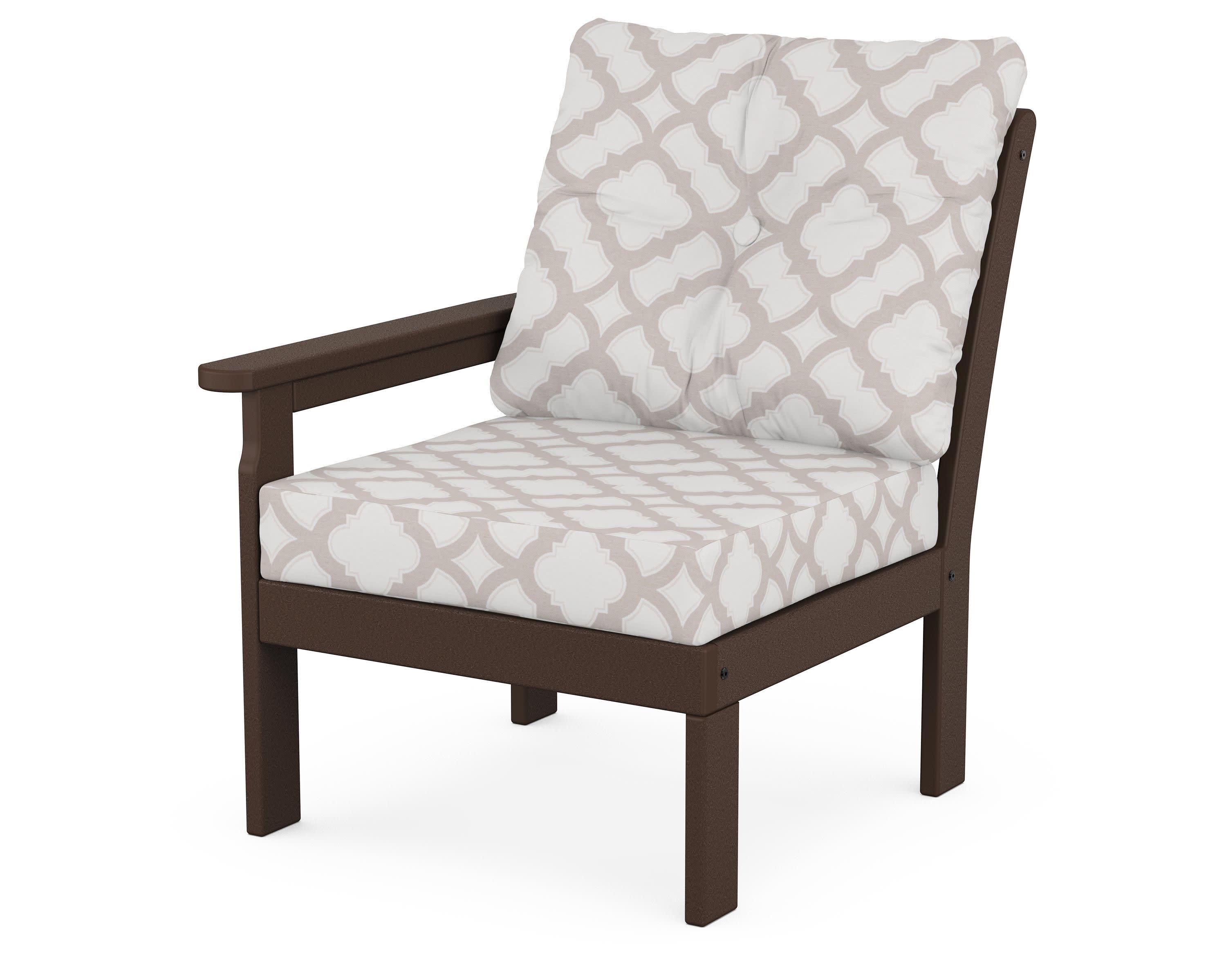 Vineyard Modular Left Arm Chair in Mahogany / Trellis Dune Burlap