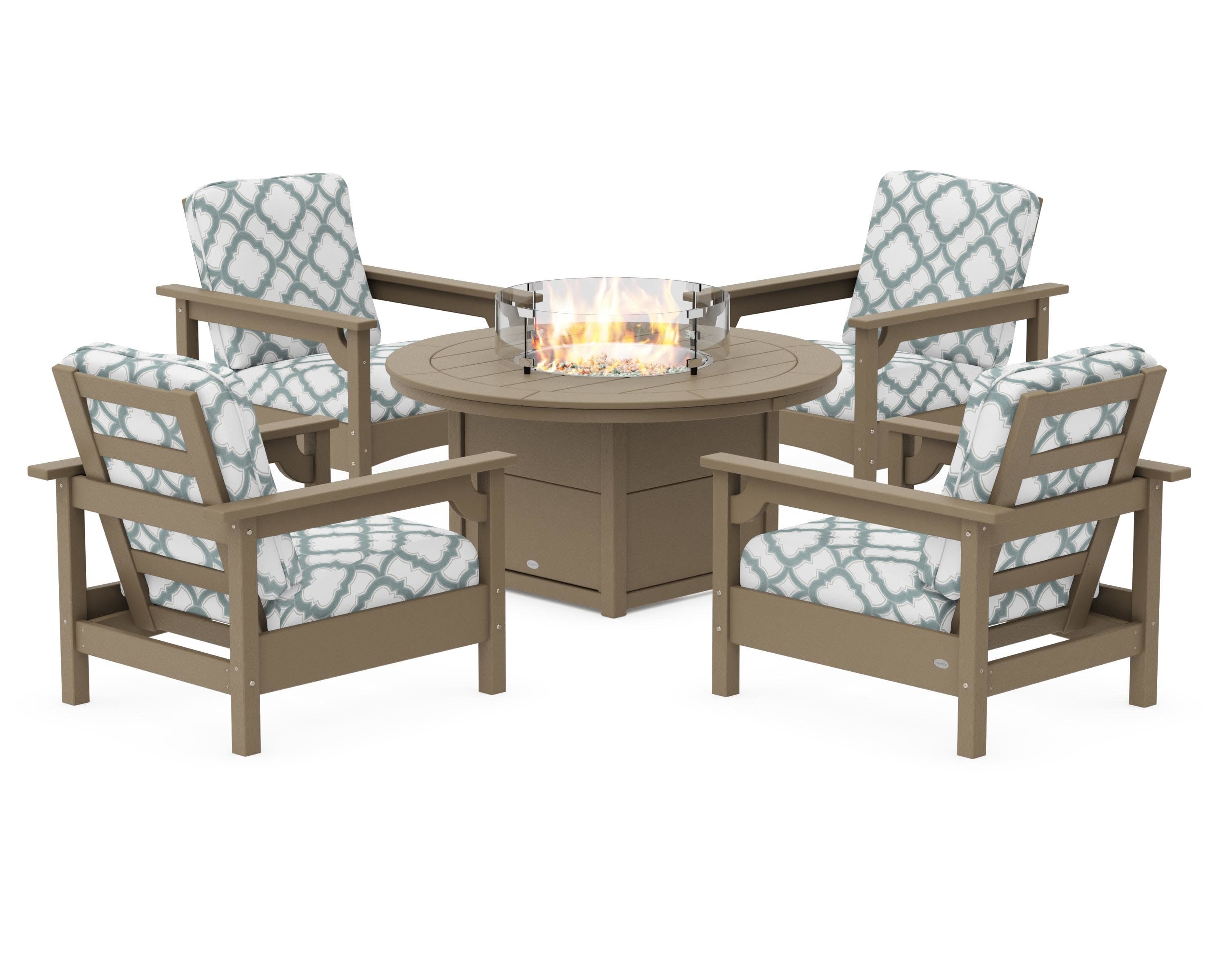 Club 5-Piece Conversation Set with Fire Pit Table in Vintage Sahara / Trellis Glacier Spa
