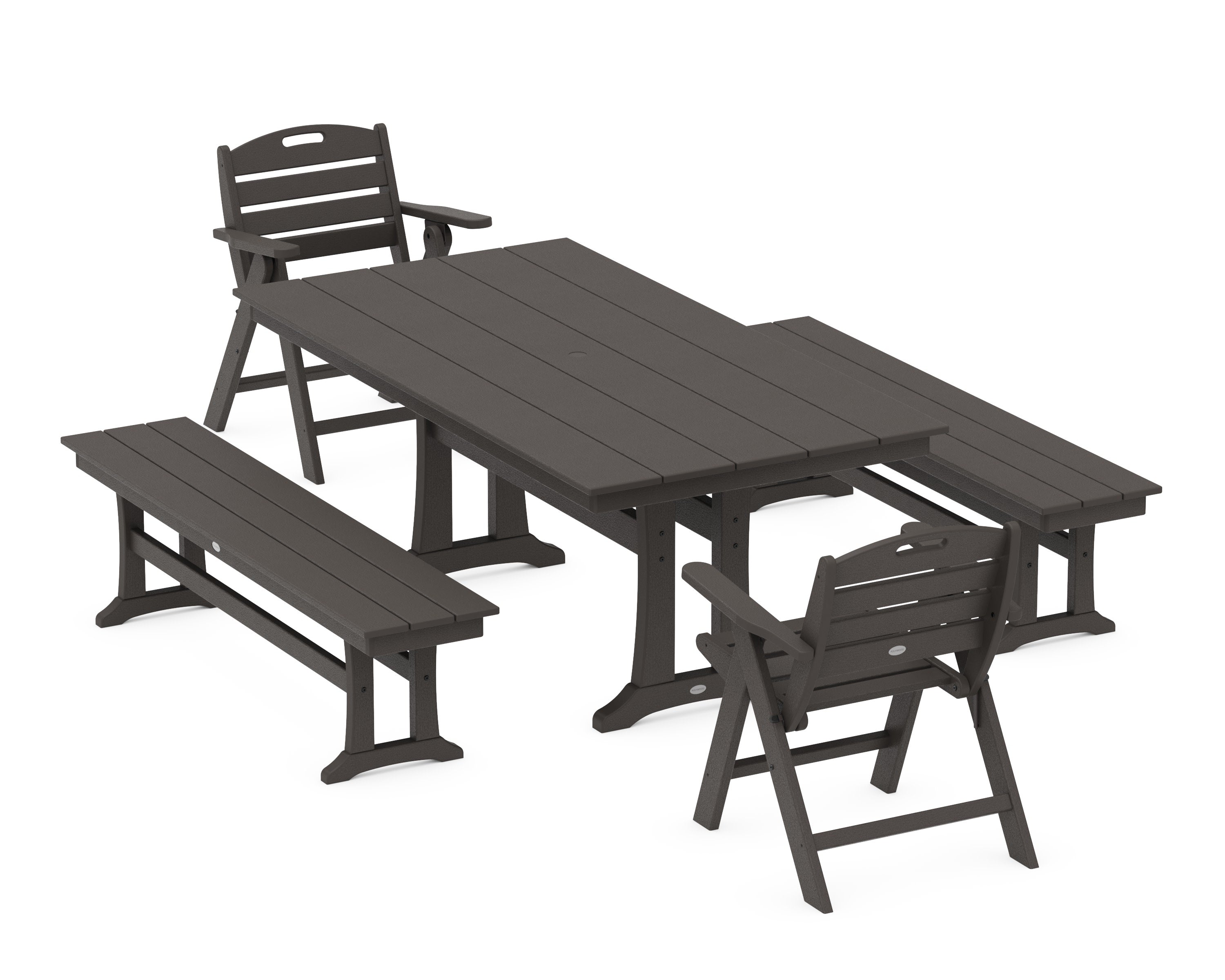 Nautical Folding Lowback Chair 5-Piece Farmhouse Dining Set With Trestle Legs in Vintage Coffee
