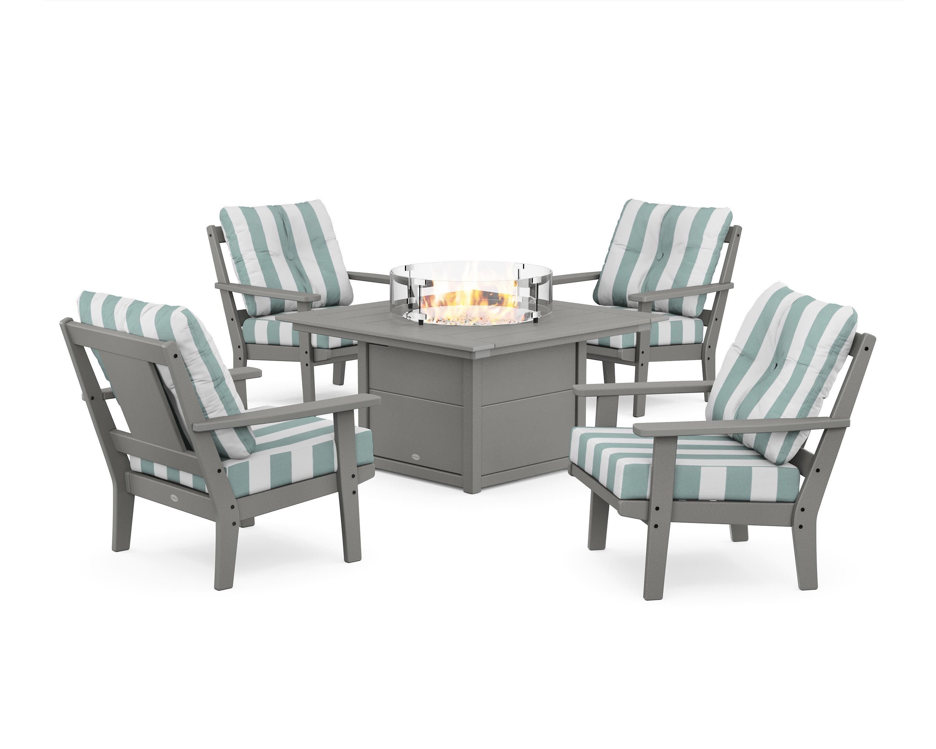 Prairie 5-Piece Deep Seating Set with Fire Pit Table in Slate Grey / Cabana Stripe Glacier Spa