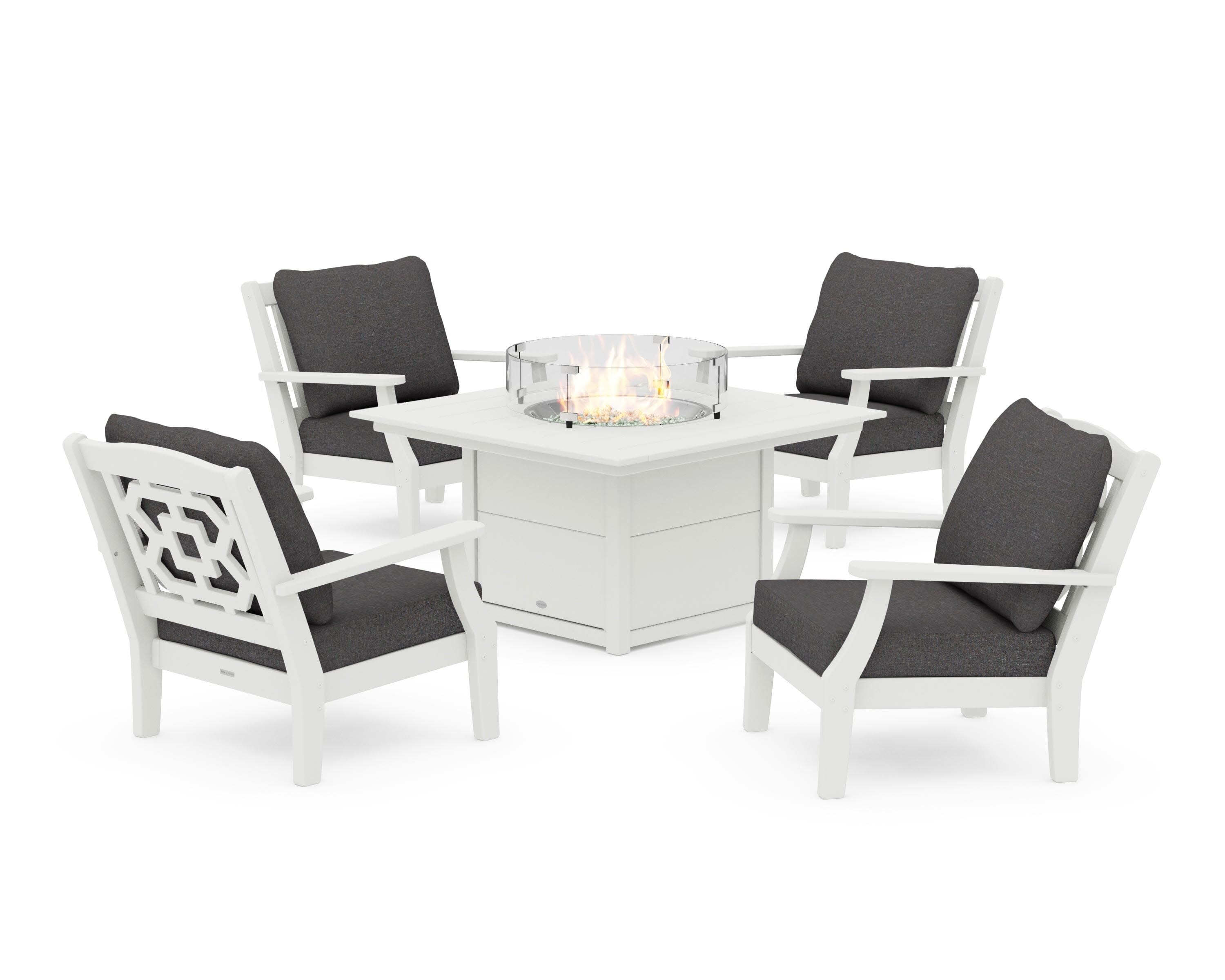 Chinoiserie 5-Piece Deep Seating Set with Fire Pit Table in Vintage White / Ash Charcoal