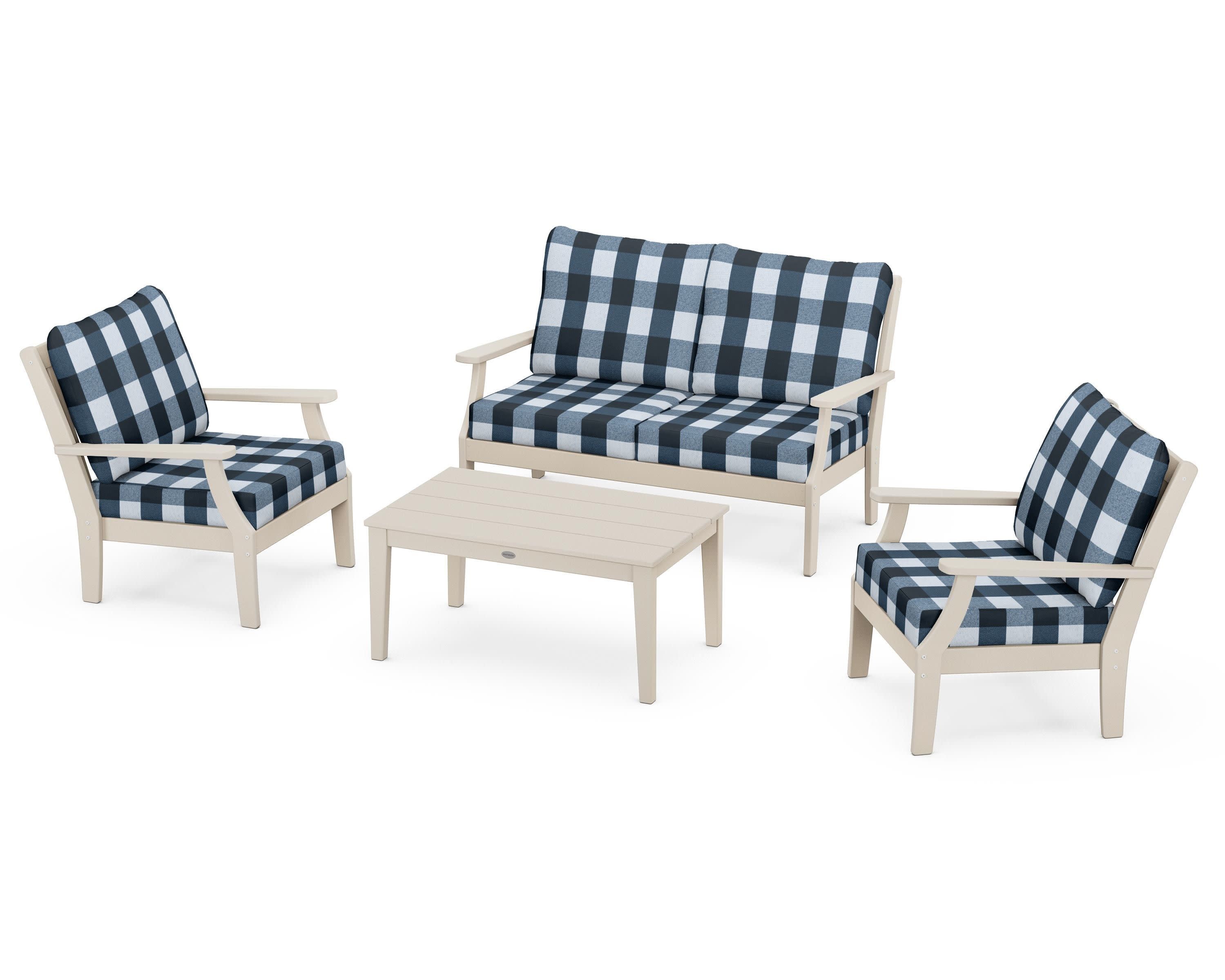 Braxton 4-Piece Deep Seating Chair Set in Sand / Buffalo Plaid Marine Indigo