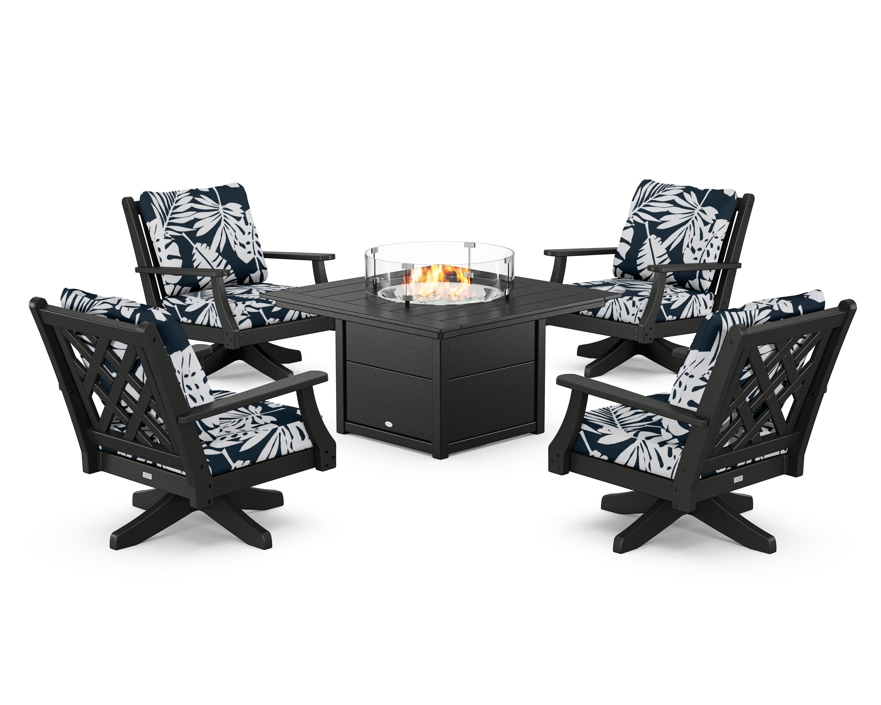 Wovendale 5-Piece Deep Seating Swivel Conversation Set with Fire Pit Table in Black / Leaf Marine Indigo