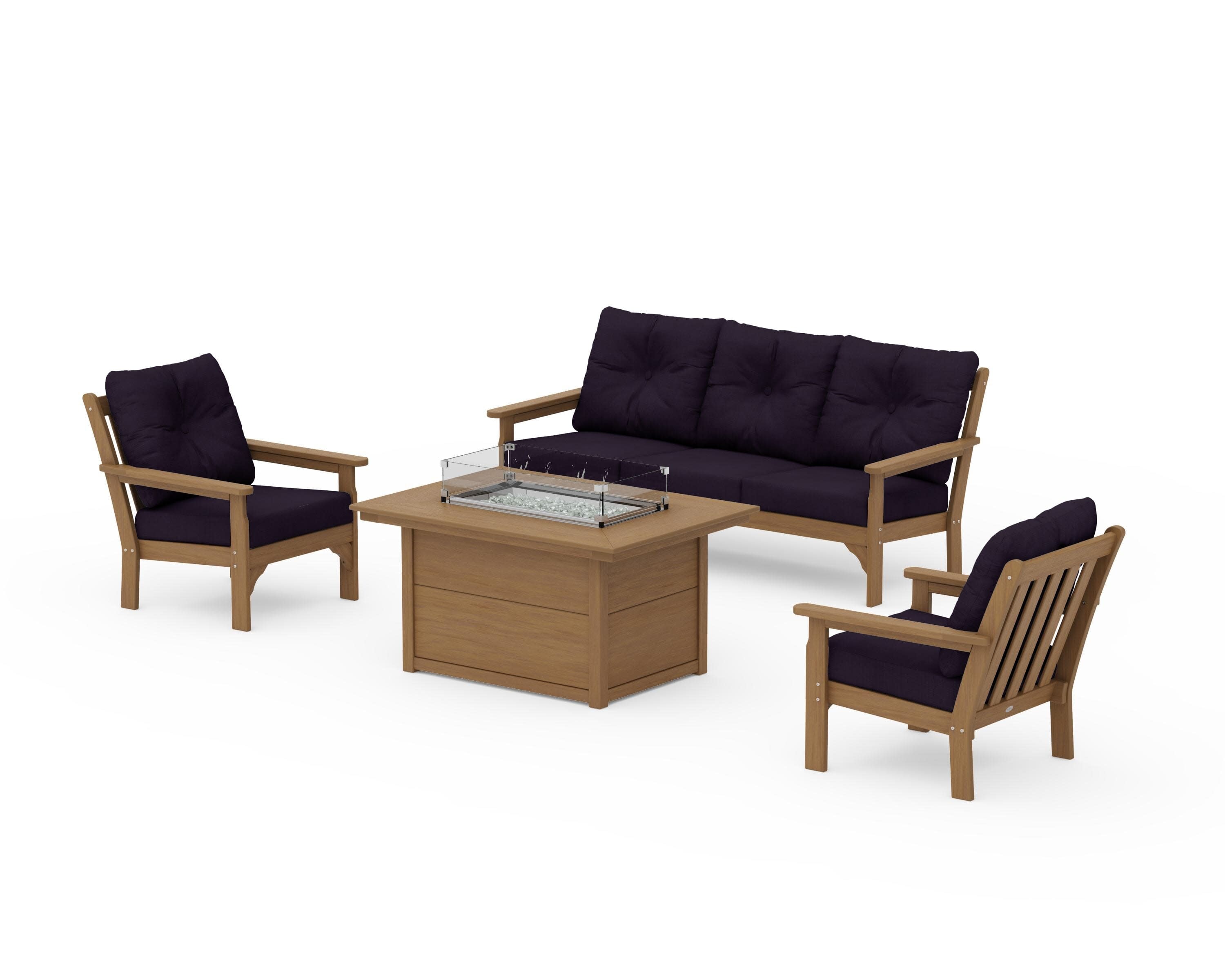 Vineyard Deep Seating Fire Pit Table Set in Natural / Navy Linen