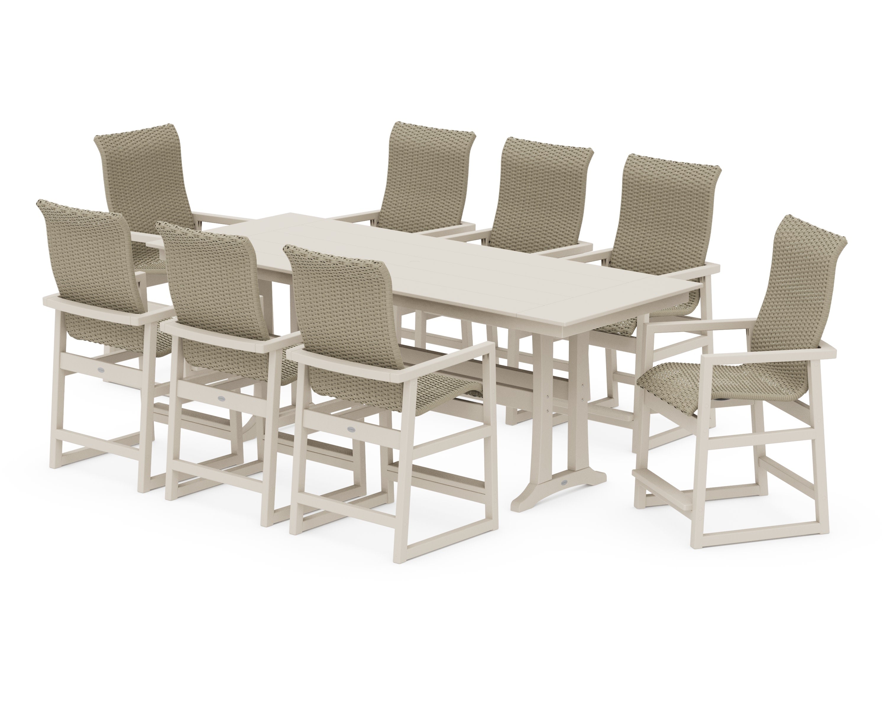 EDGE Woven Highback 9-Piece Farmhouse Counter Set with Trestle Legs in Sand / Dune Grass