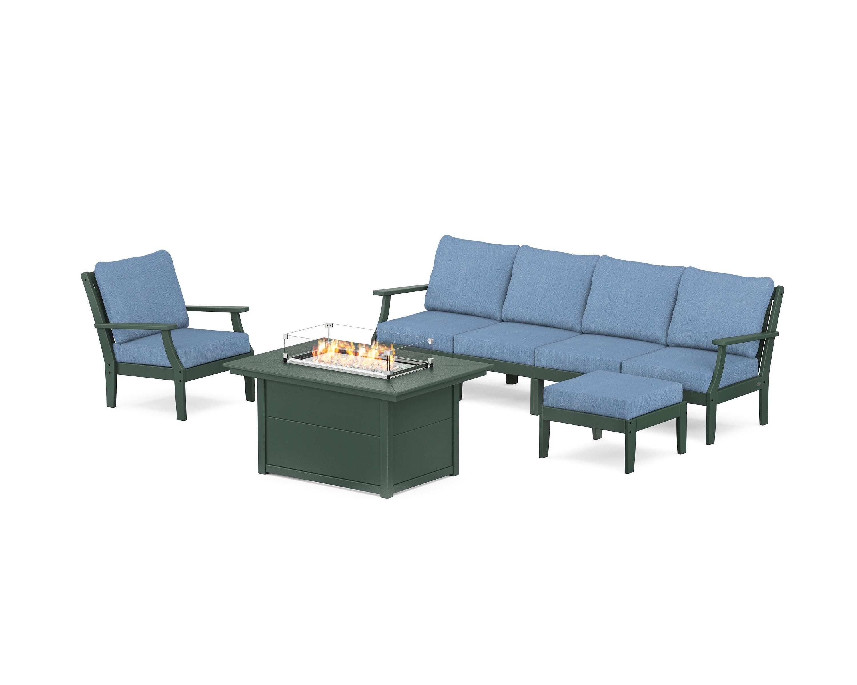 Braxton Sectional Lounge and Fire Pit Set in Green / Sky Blue