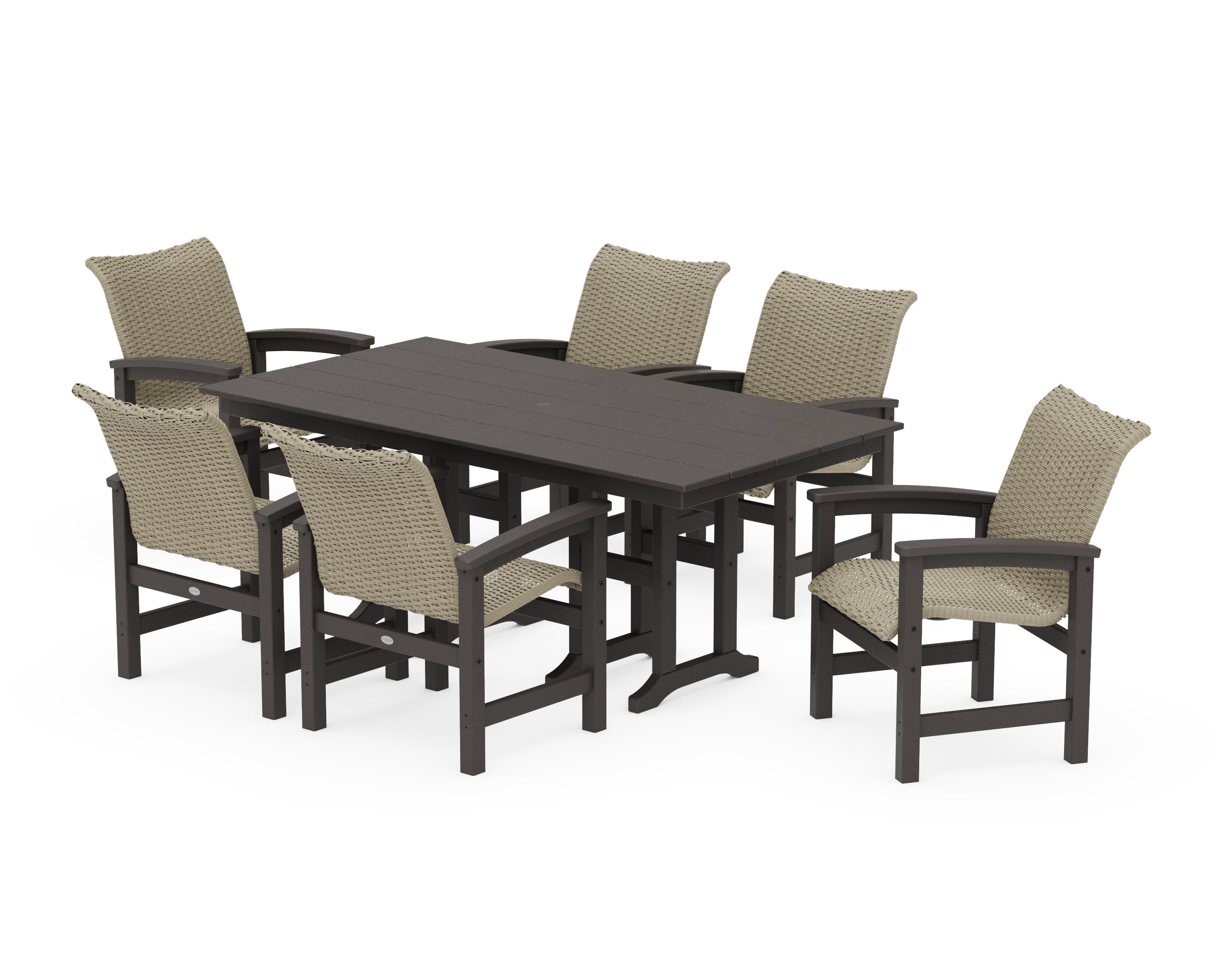 Coastal Woven Arm Chair 7-Piece Farmhouse Dining Set in Vintage Coffee / Dune Grass