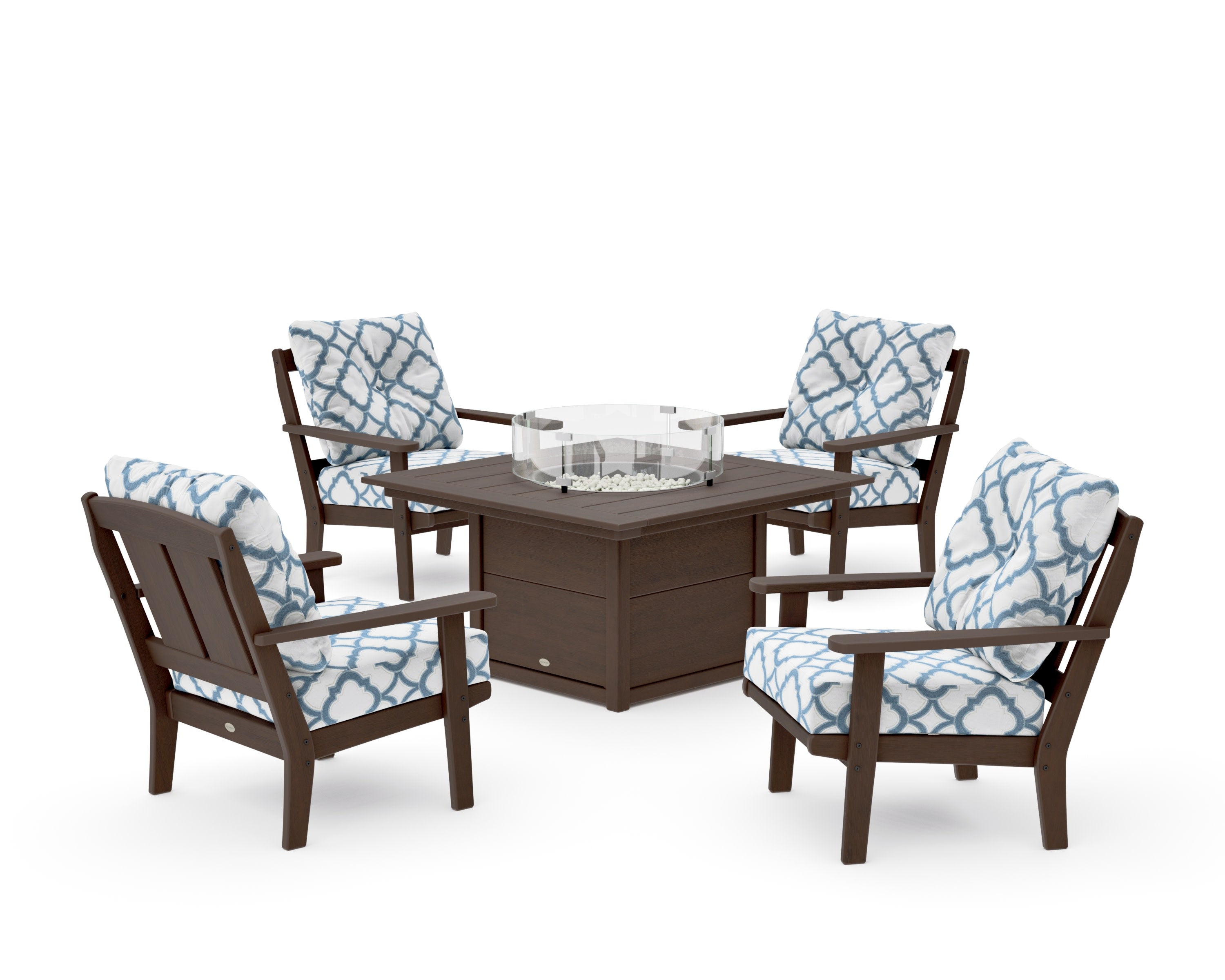 Mission 5-Piece Deep Seating Set with Fire Pit Table in Kona / Trellis Sky Blue