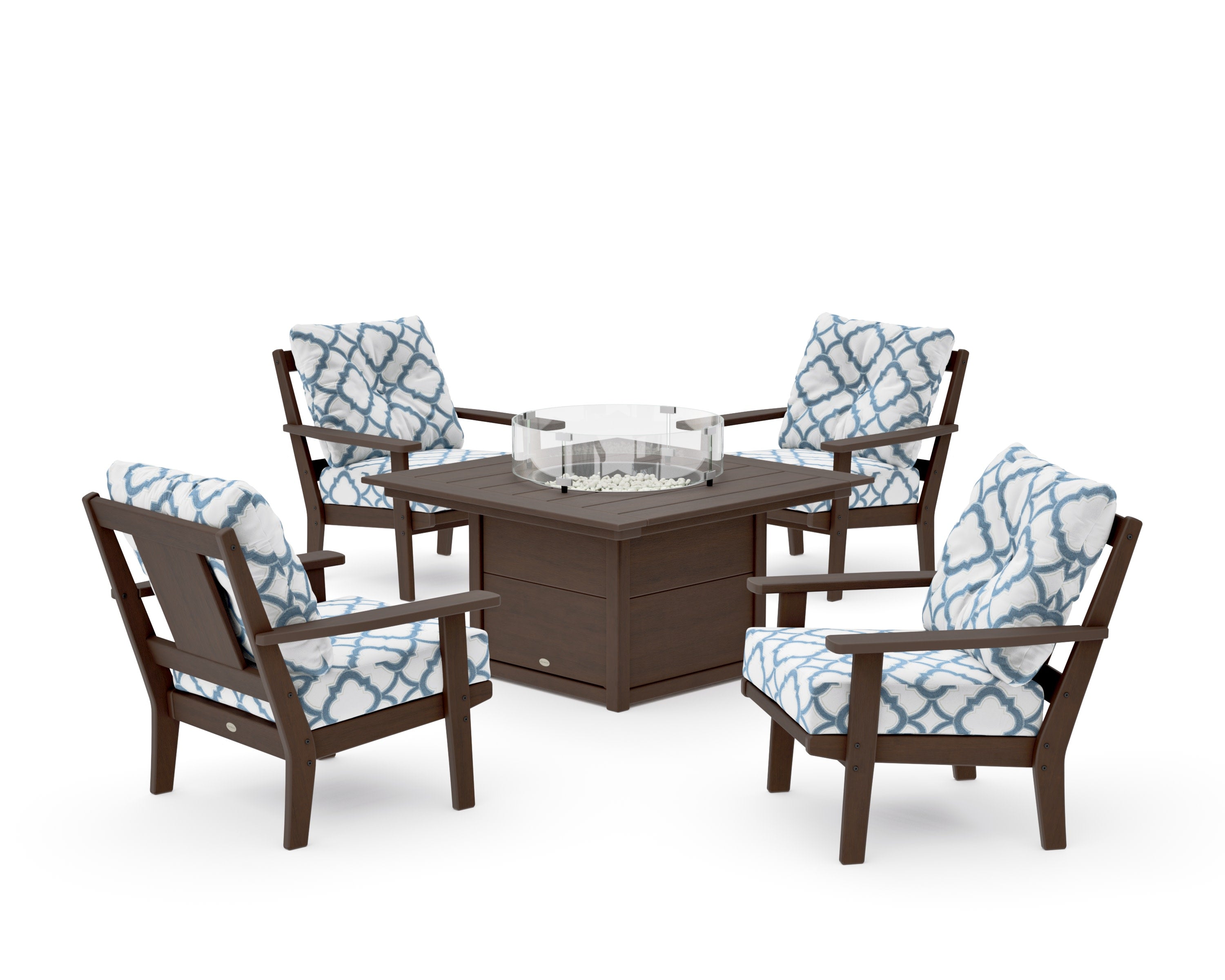 Prairie 5-Piece Deep Seating Set with Fire Pit Table in Kona / Trellis Sky Blue