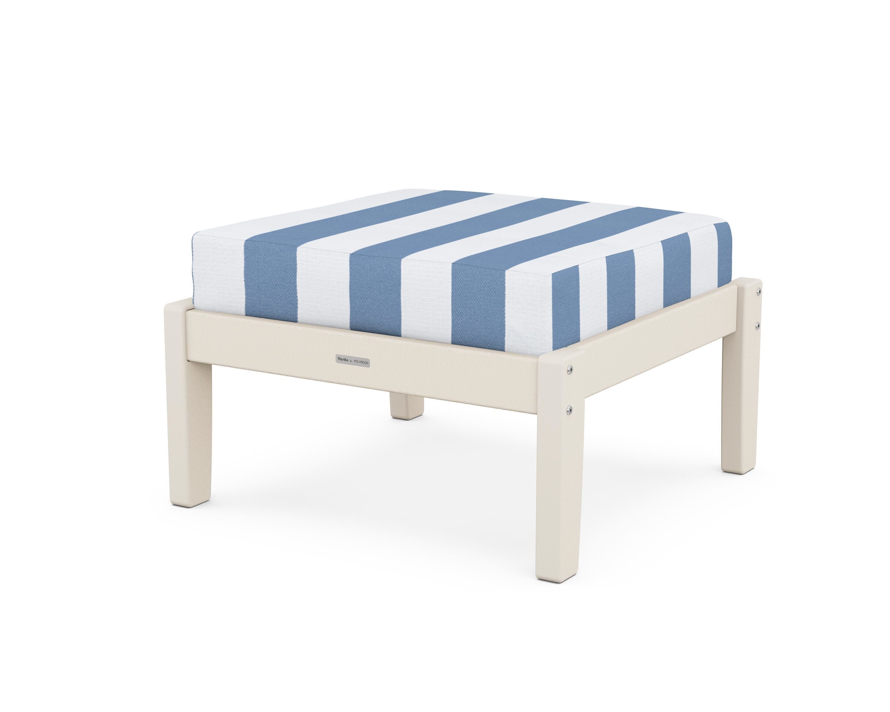 Chinoiserie Deep Seating Ottoman in Sand / Cabana Stripe Sky Blue