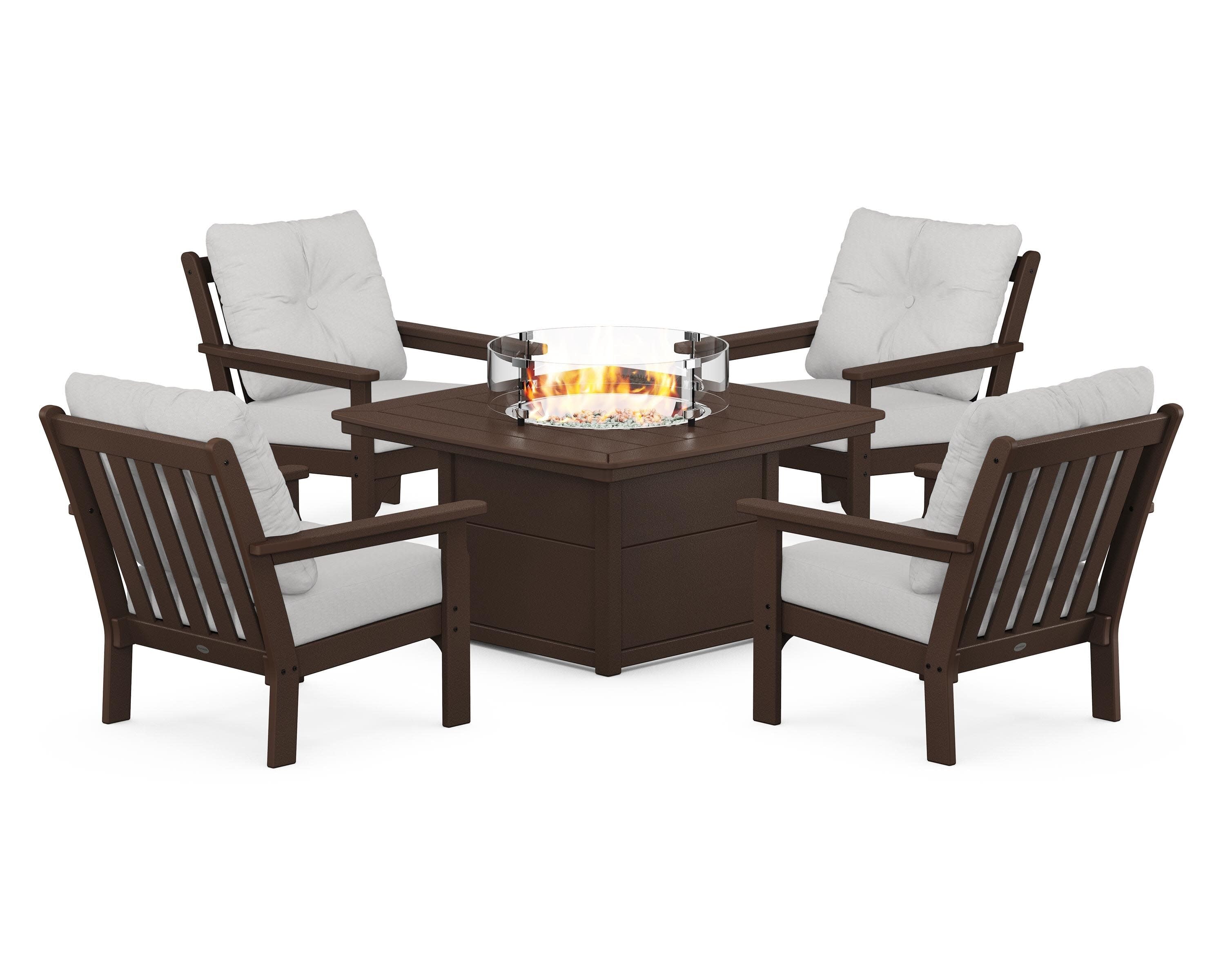 Vineyard 5-Piece Conversation Set with Fire Pit Table in Mahogany / Diamond in the Rough