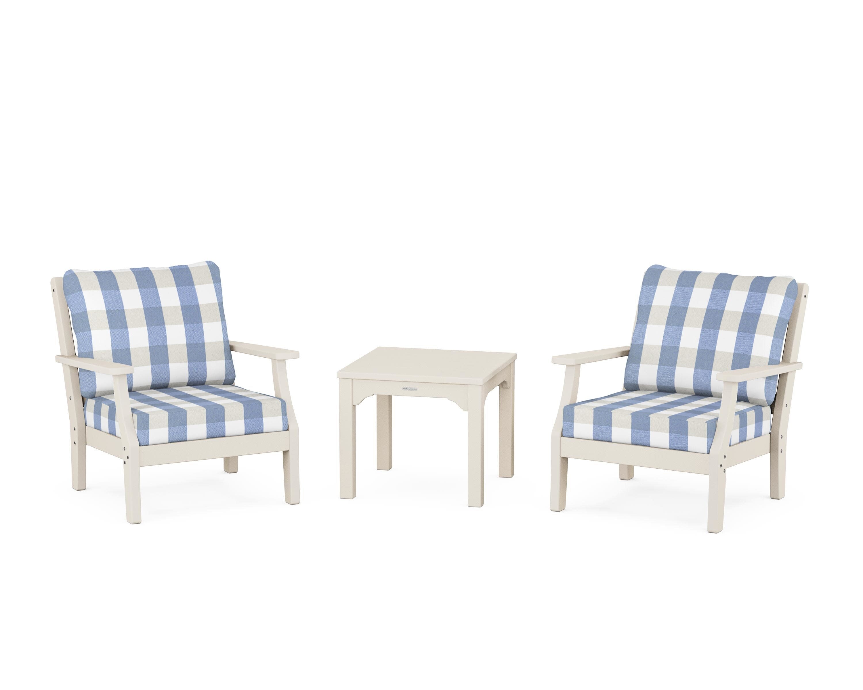 Chinoiserie 3-Piece Deep Seating Set in Sand / Buffalo Plaid Sky Blue