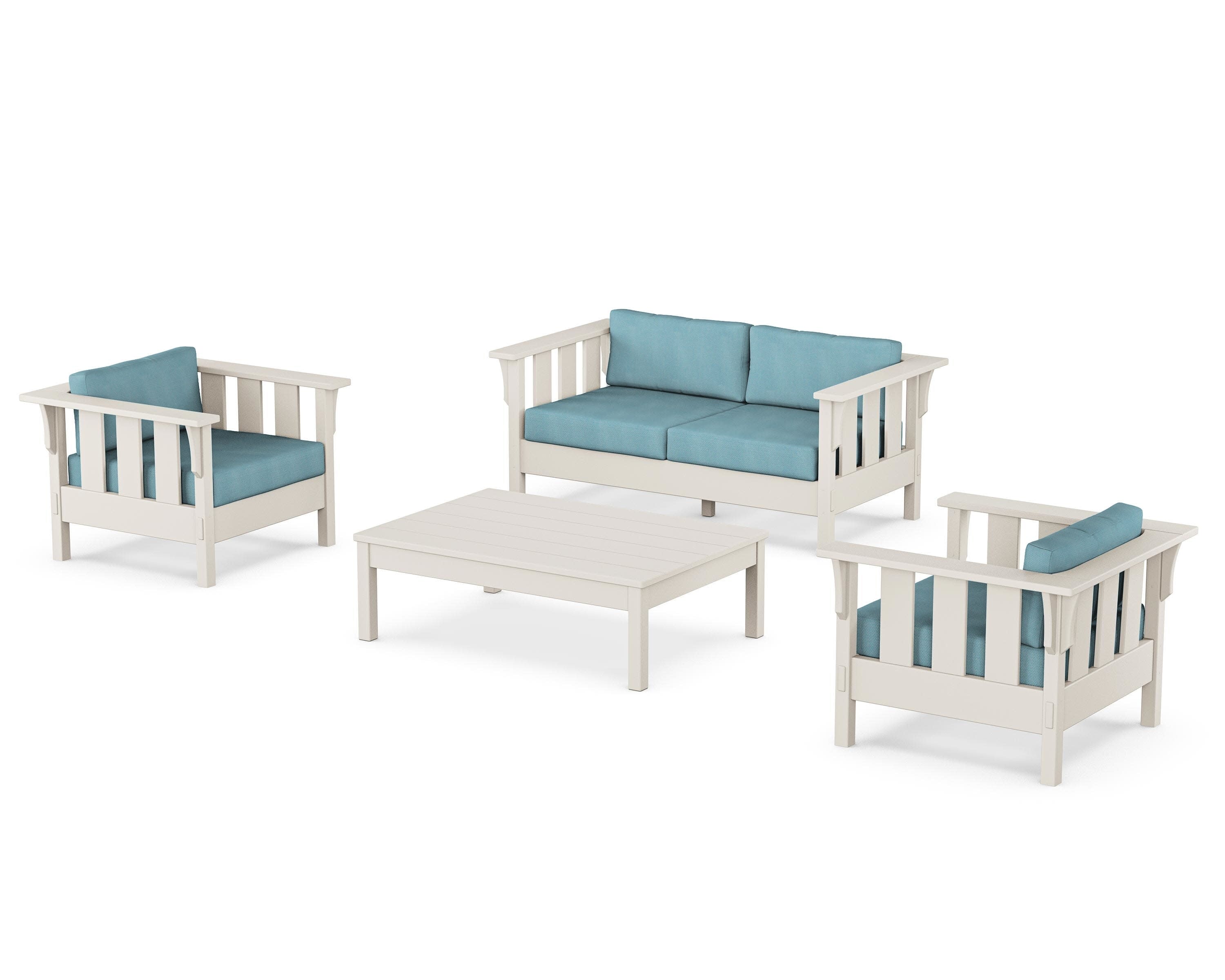 Acadia 4-Piece Deep Seating Set with Loveseat in Sand / Lattice Sky Blue