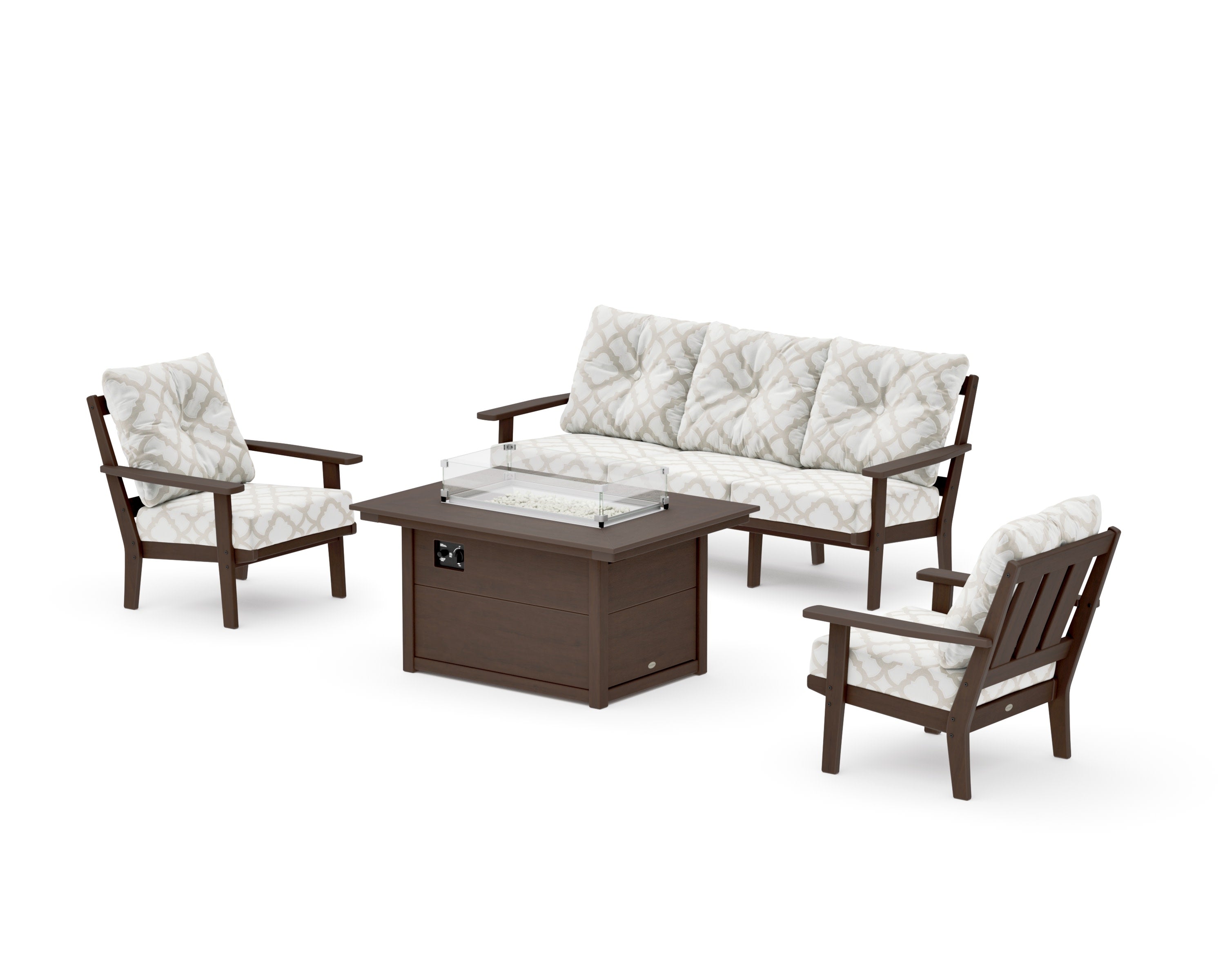 Oxford Deep Seating Fire Pit Table Set in Kona / Trellis Dune Burlap