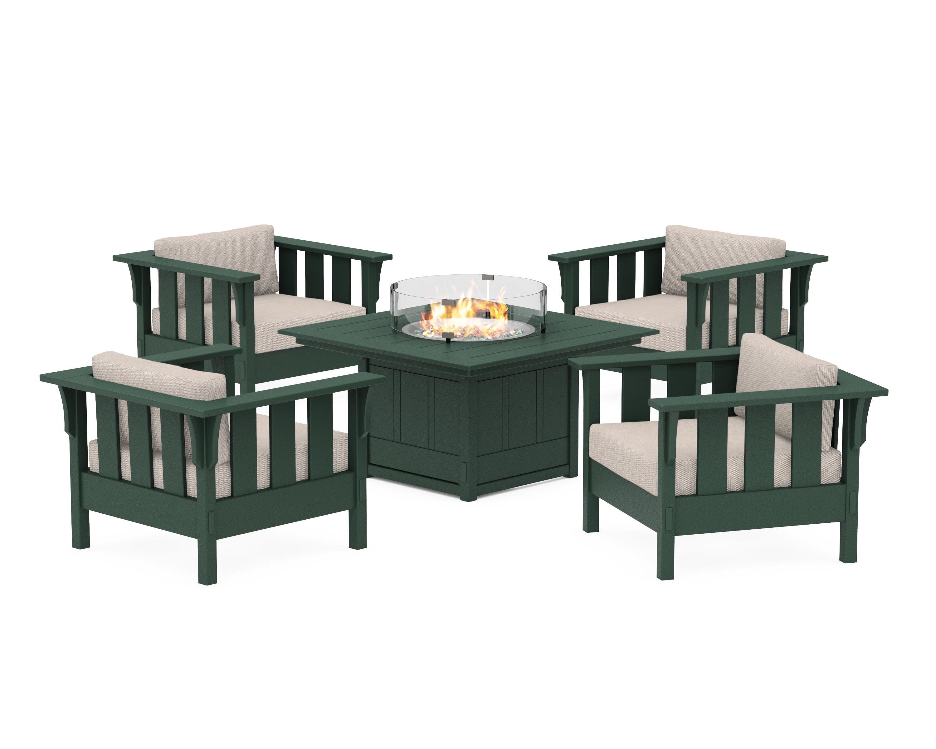 Acadia 5-Piece Deep Seating Set with Fire Pit Table in Green / Blend Linen