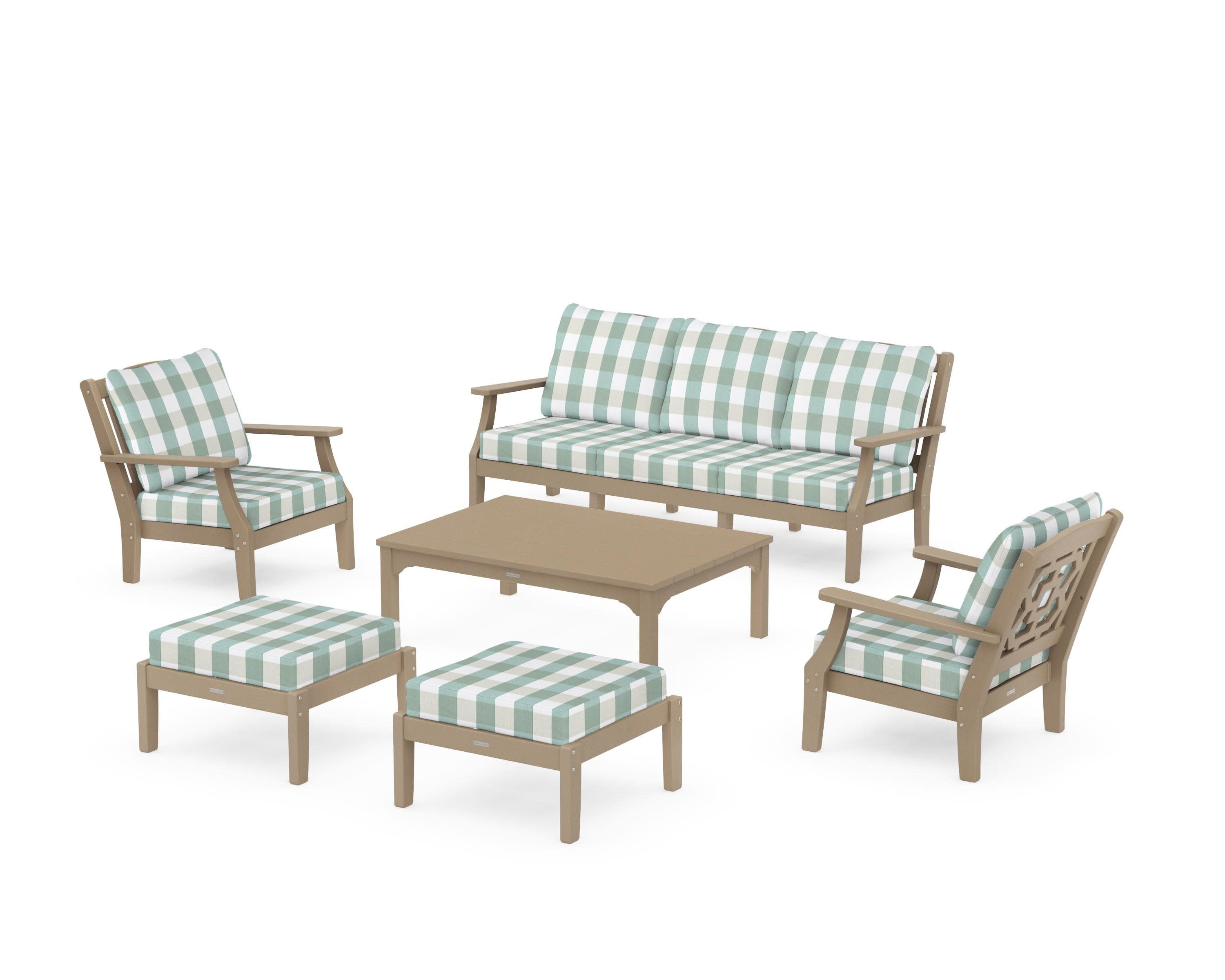 Chinoiserie 6-Piece Lounge Sofa Set in Vintage Sahara / Buffalo Plaid Glacier Spa