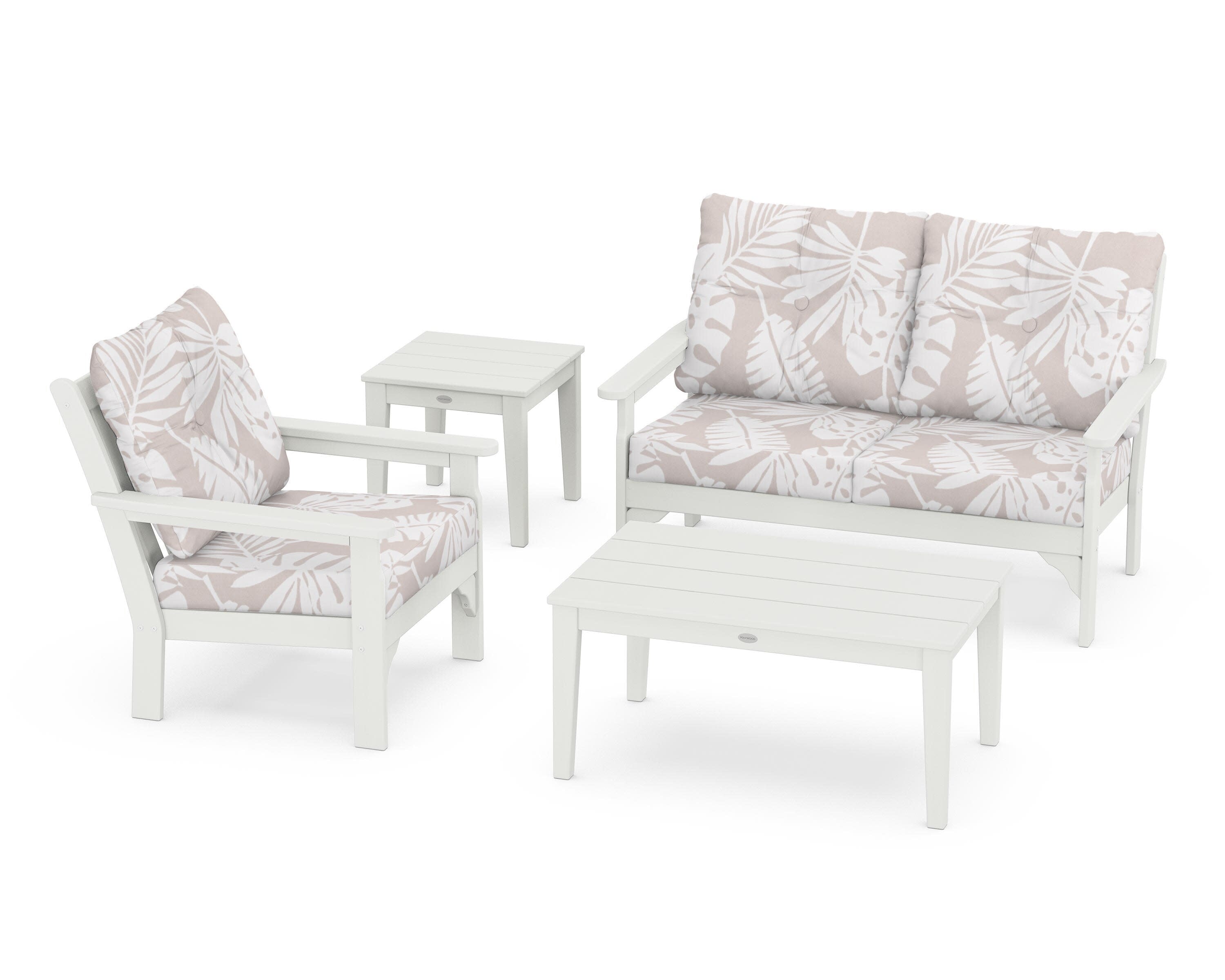 Vineyard 4-Piece Deep Seating Set in Vintage White / Leaf Dune Burlap