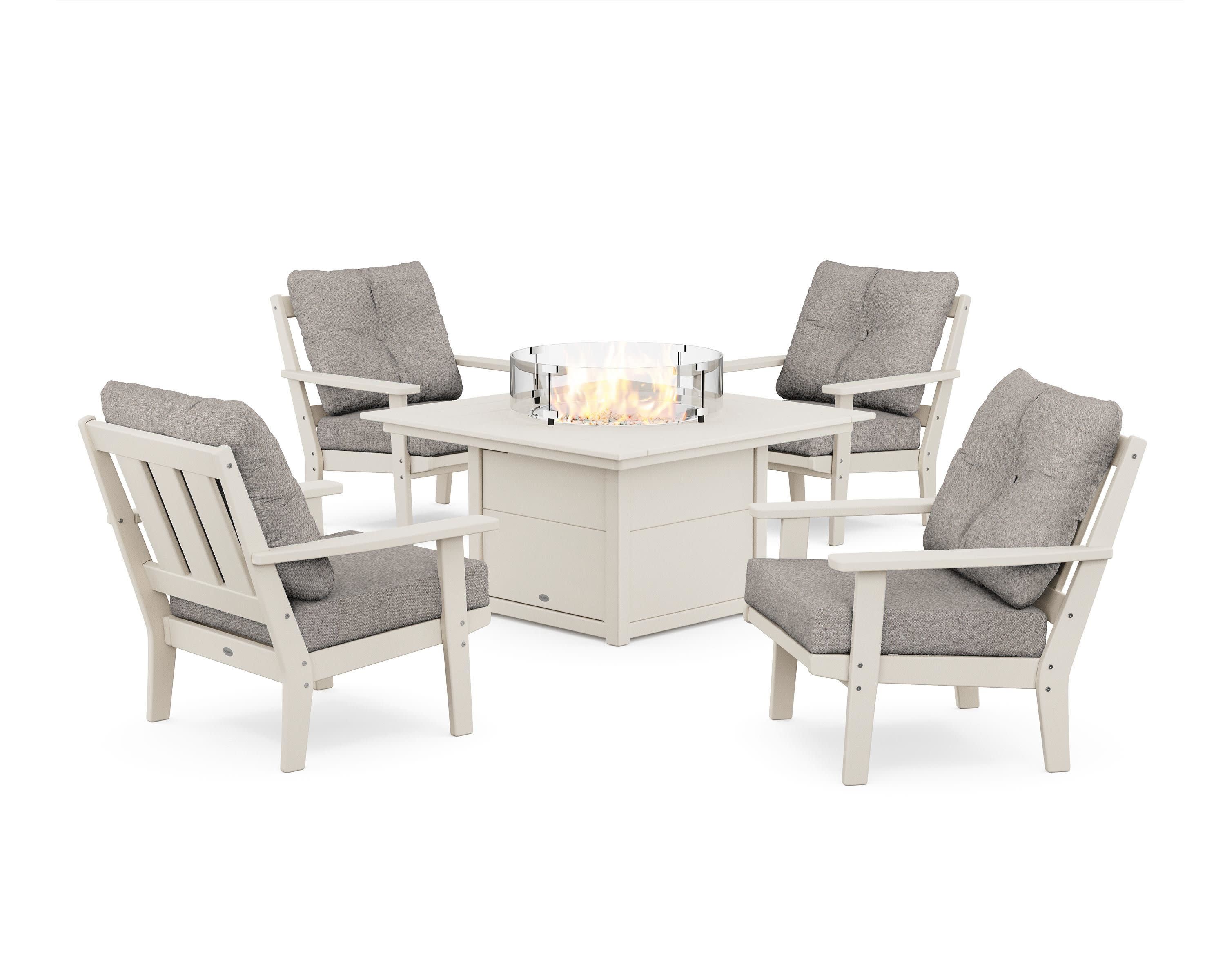 Oxford 5-Piece Deep Seating Set with Fire Pit Table in Sand / Weathered Tweed