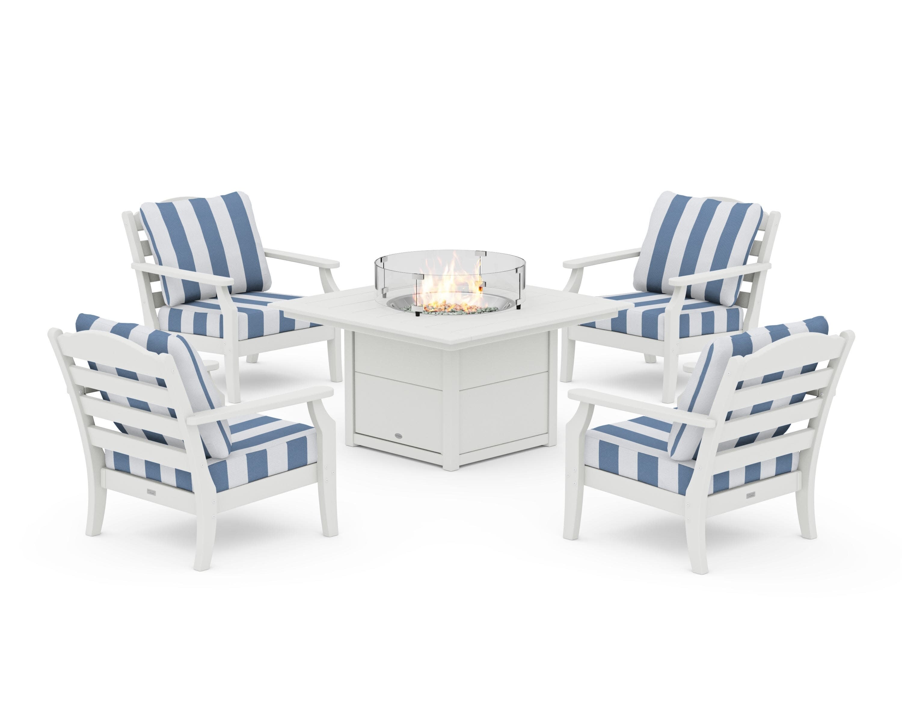 Savannah 5-Piece Deep Seating Set with Fire Pit Table in Vintage White / Cabana Stripe Sky Blue