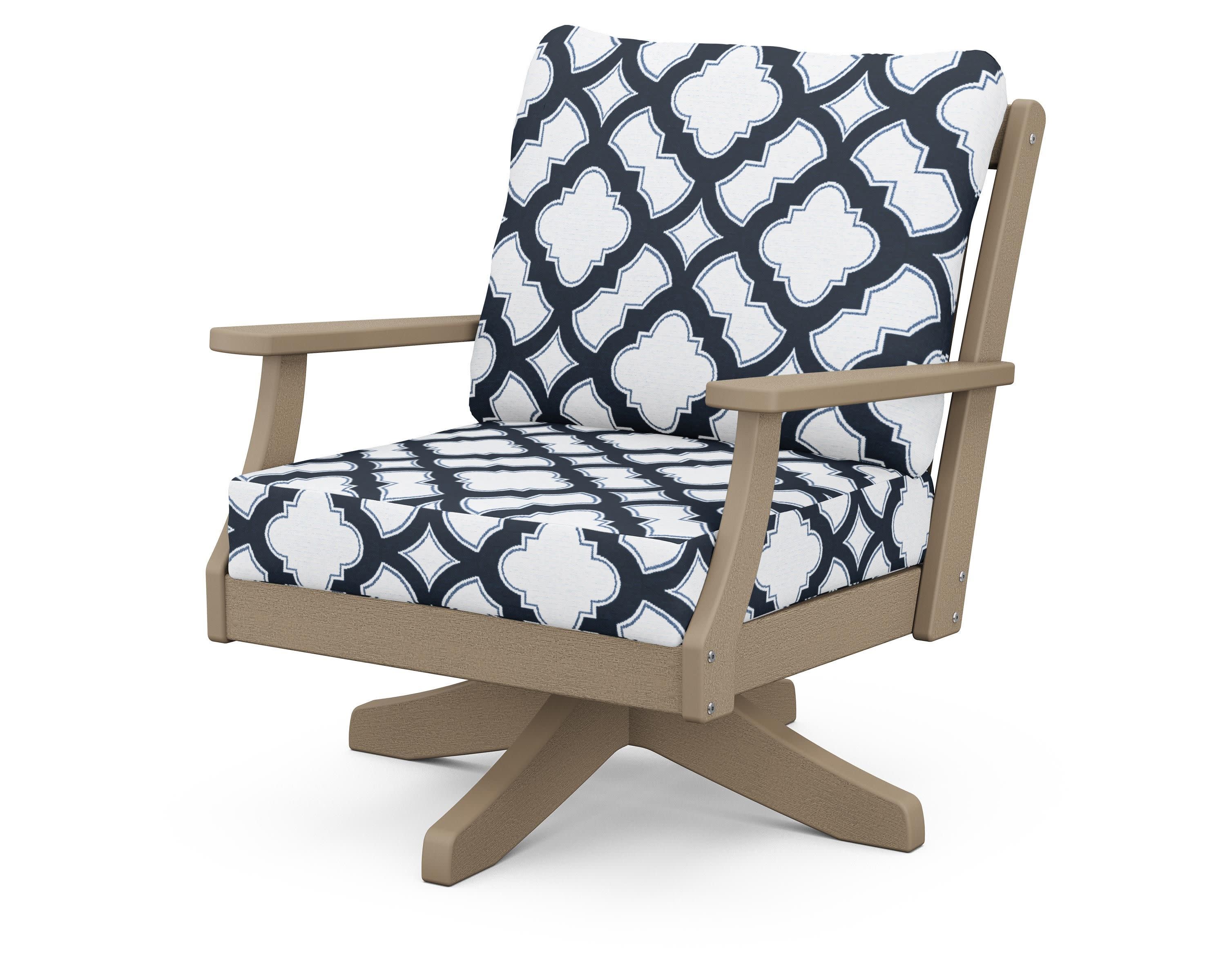 Braxton Deep Seating Swivel Chair in Vintage Sahara / Trellis Marine Indigo