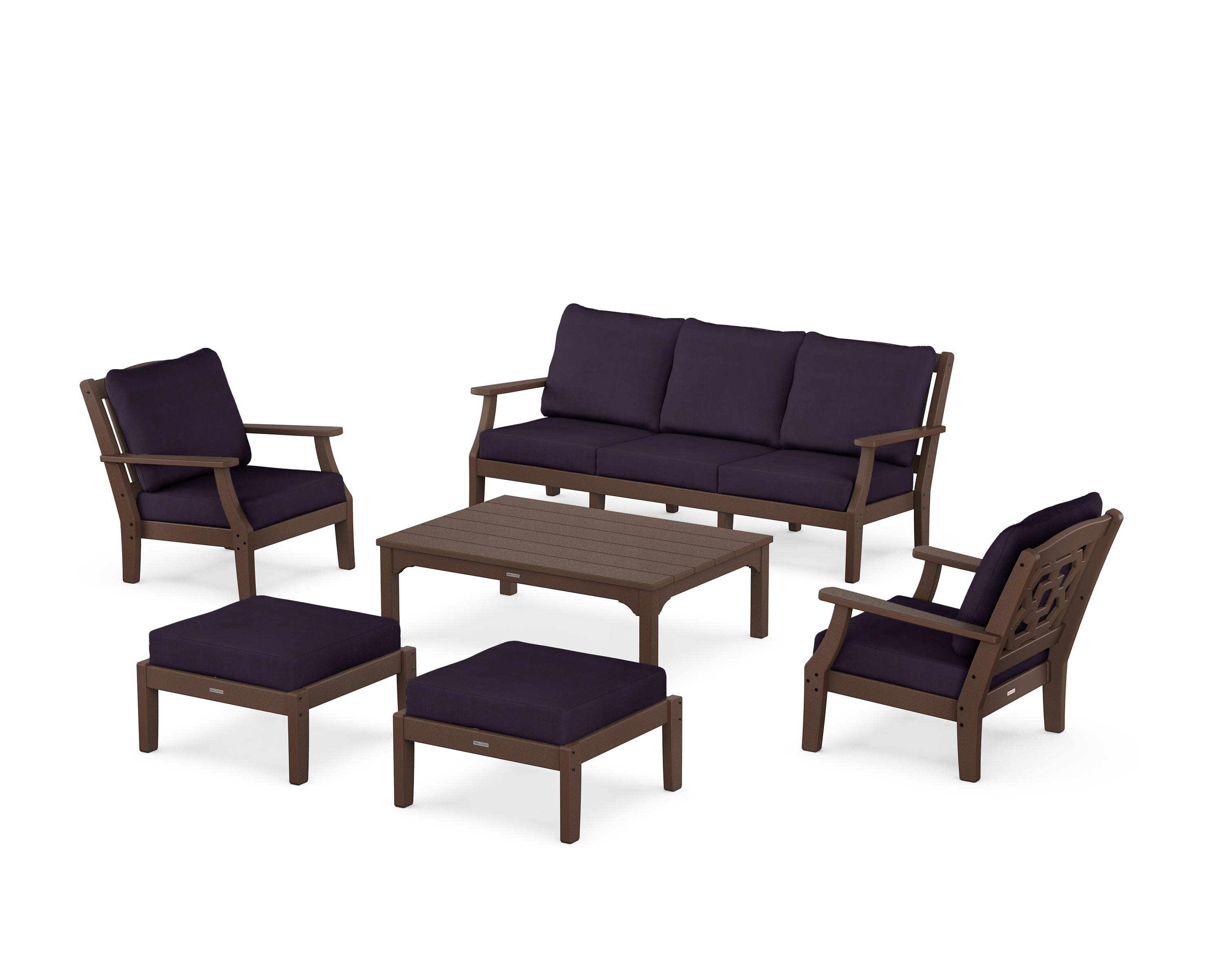 Chinoiserie 6-Piece Lounge Sofa Set in Mahogany / Navy Linen