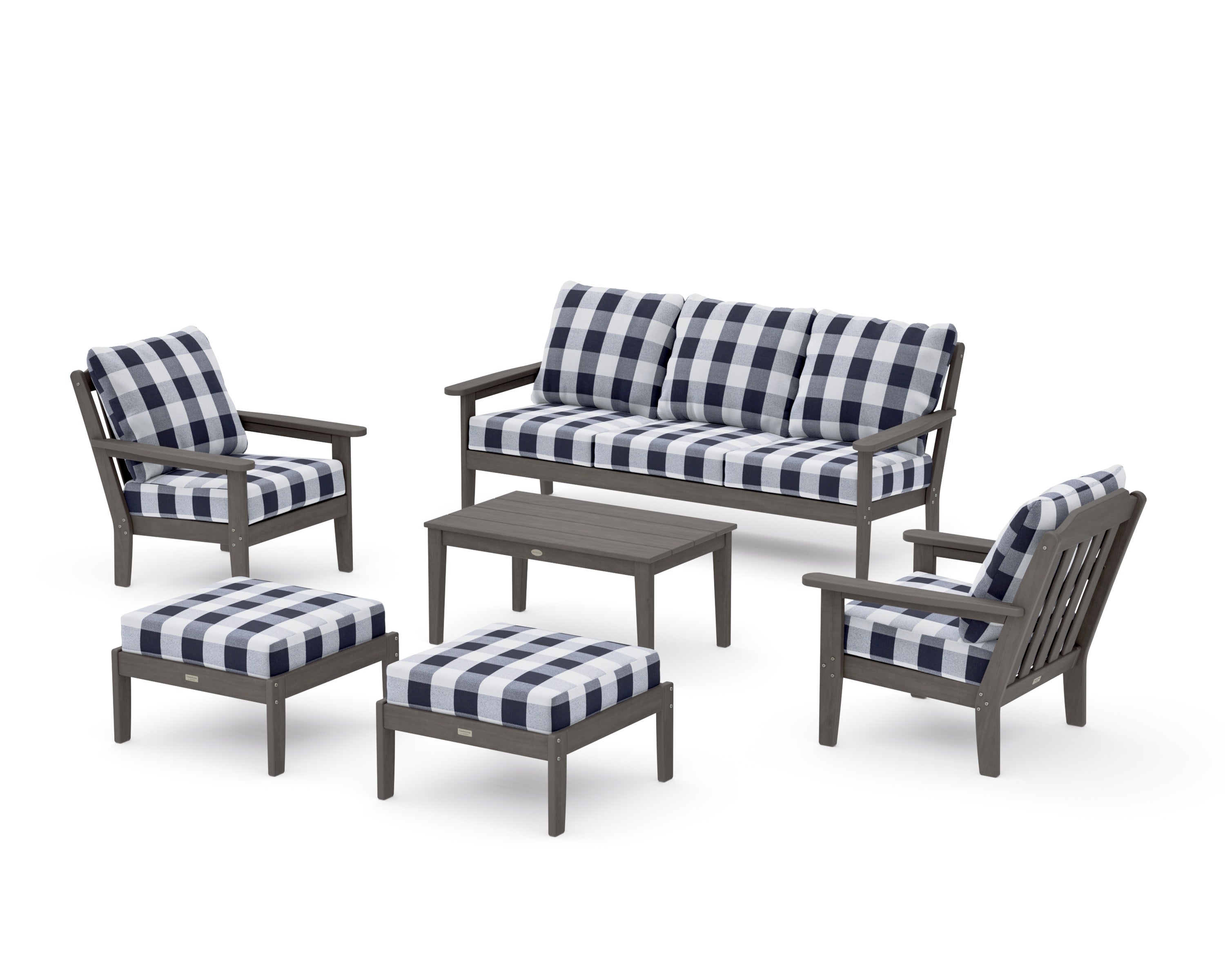 Cottage 6-Piece Lounge Sofa Set in Driftwood / Buffalo Plaid Navy