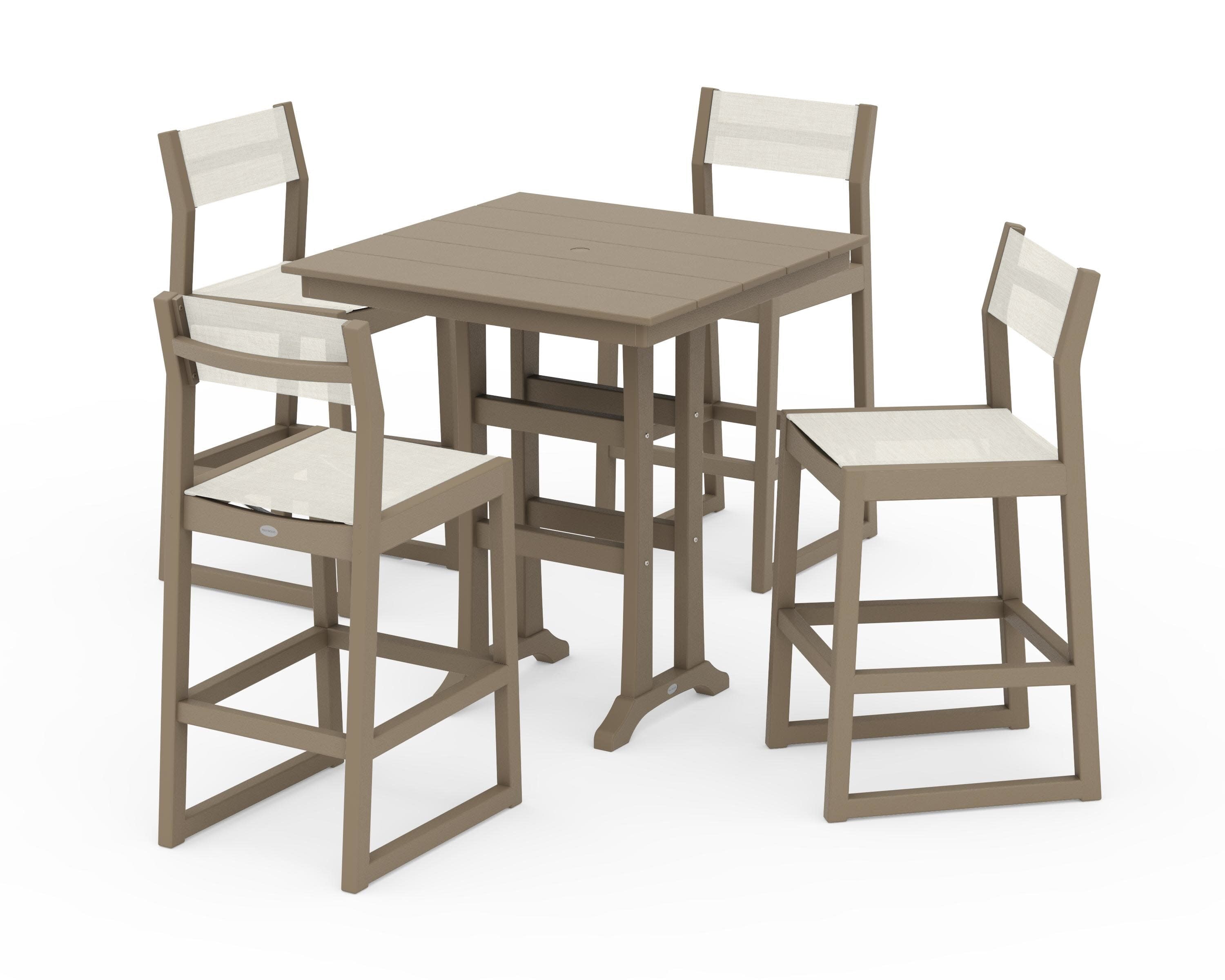 EDGE Sling Arm Chair 5-Piece Farmhouse Bar Set with Trestle Legs in Vintage Sahara / Parchment Sling