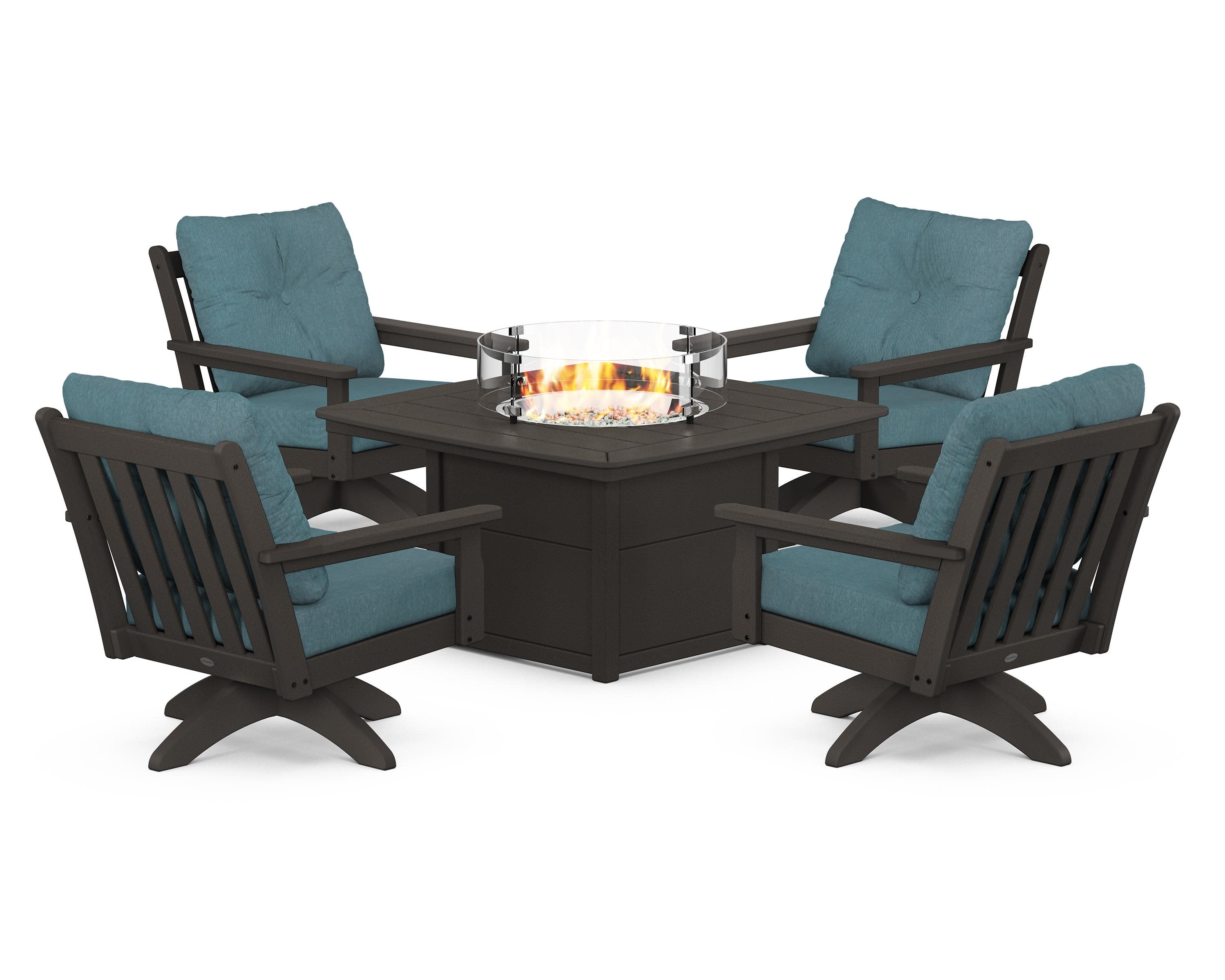 Vineyard 5-Piece Deep Seating Swivel Conversation Set with Fire Pit Table in Vintage Coffee / Ocean Teal