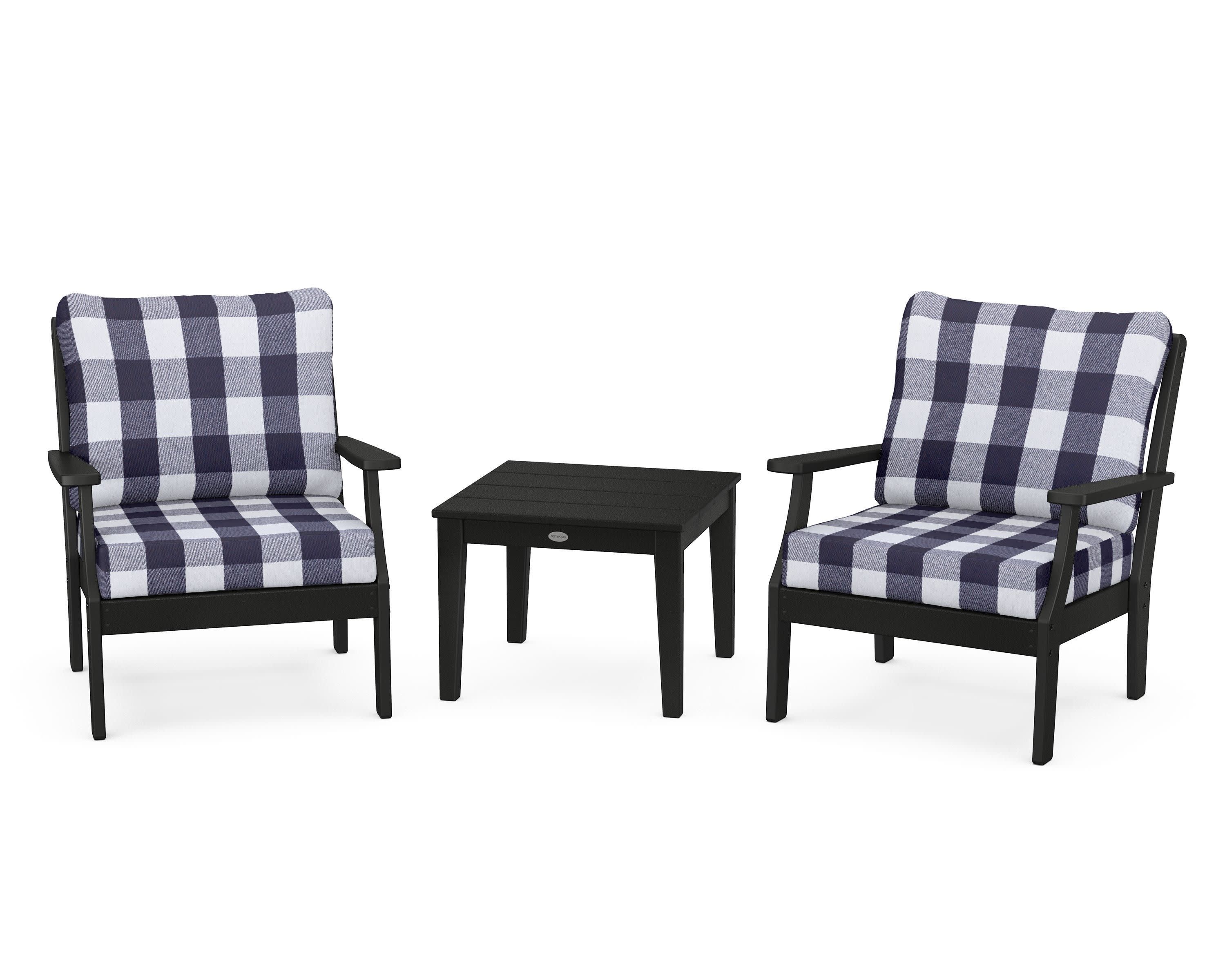 Braxton 3-Piece Deep Seating Set in Black / Buffalo Plaid Navy