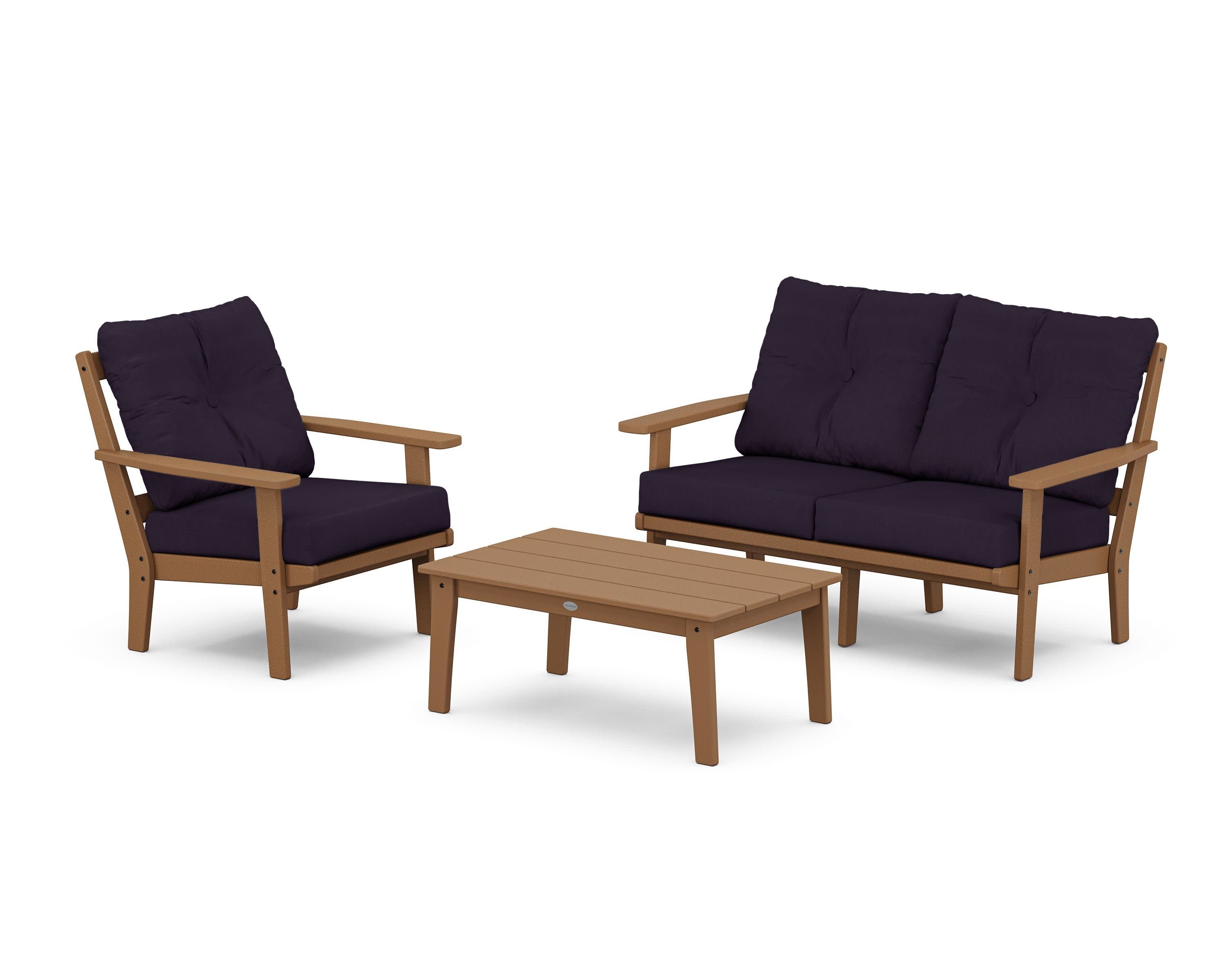 Oxford 3-Piece Deep Seating Set with Loveseat in Teak / Navy Linen