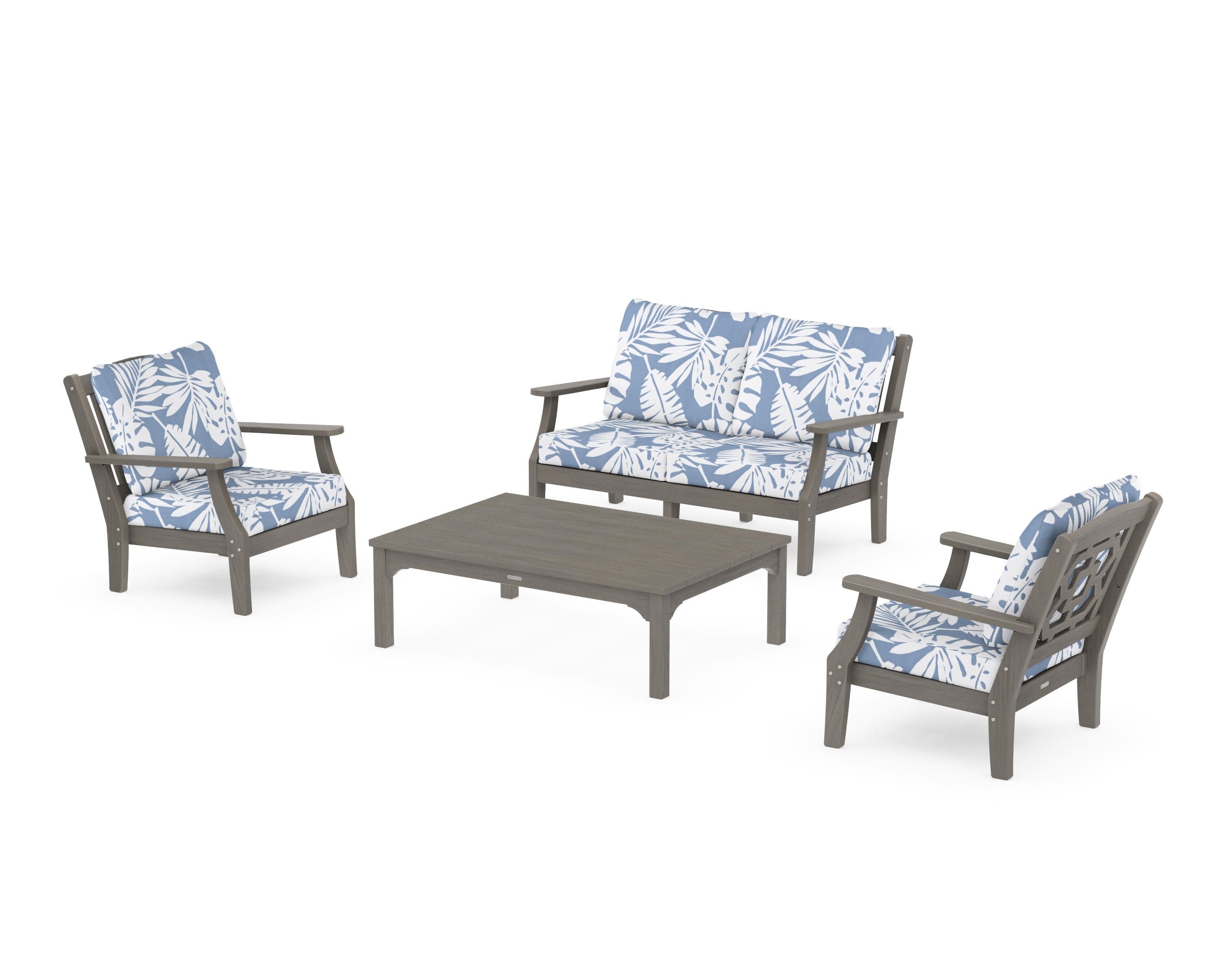 Chinoiserie 4-Piece Deep Seating Set with Loveseat in Driftwood / Leaf Sky Blue
