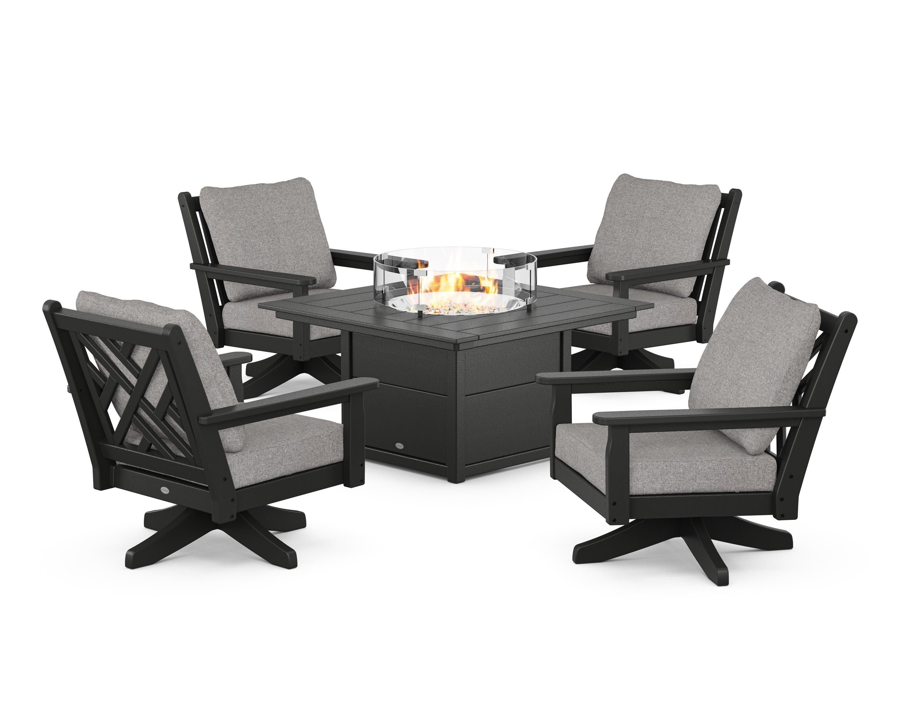 Chippendale 5-Piece Deep Seating Swivel Conversation Set with Fire Pit Table in Black / Grey Mist