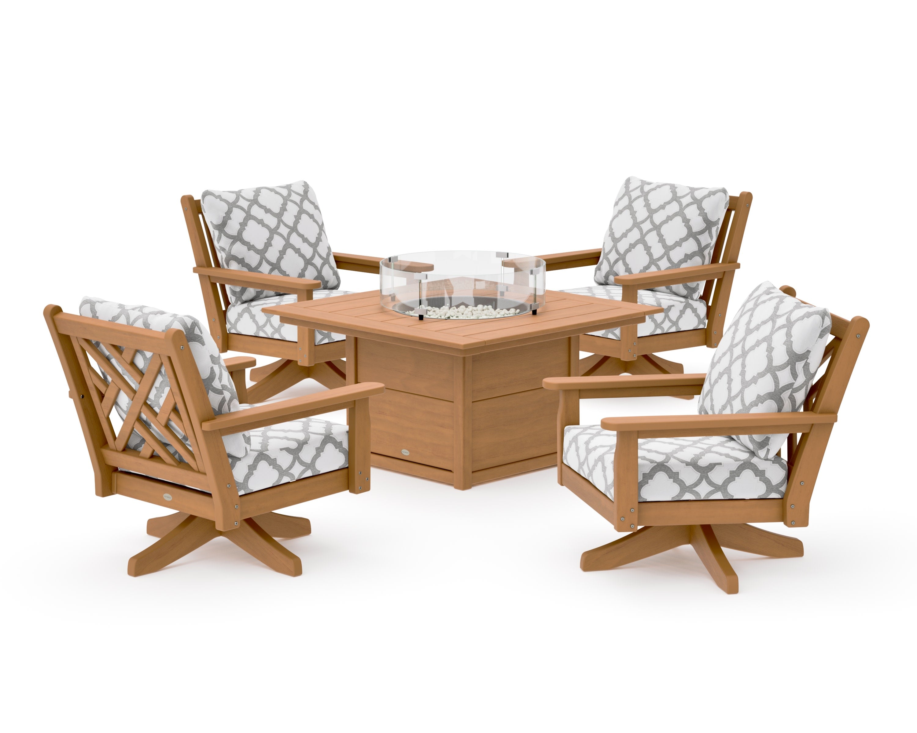 Chippendale 5-Piece Deep Seating Swivel Conversation Set with Fire Pit Table in Natural / Trellis Grey Mist