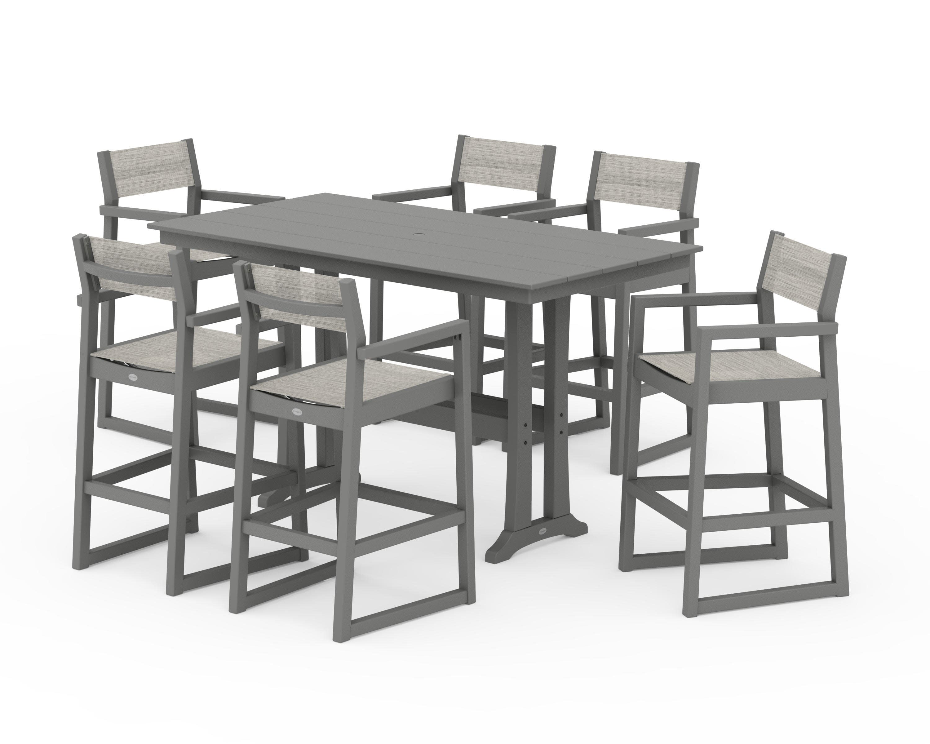 EDGE Sling Arm Chair 7-Piece Farmhouse Bar Set with Trestle Legs in Slate Grey / Birch Sling