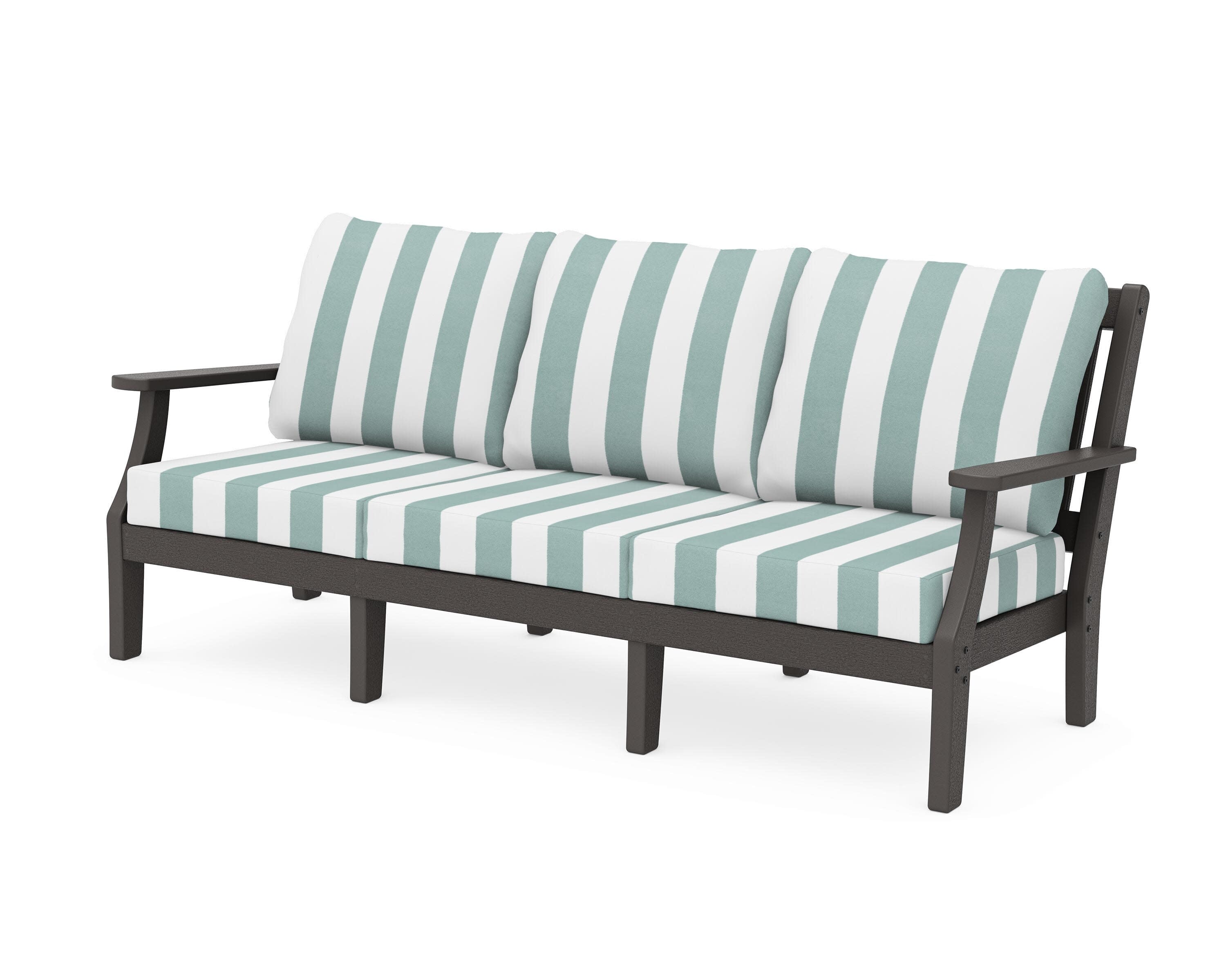 Chinoiserie Deep Seating Sofa in Vintage Coffee / Cabana Stripe Glacier Spa