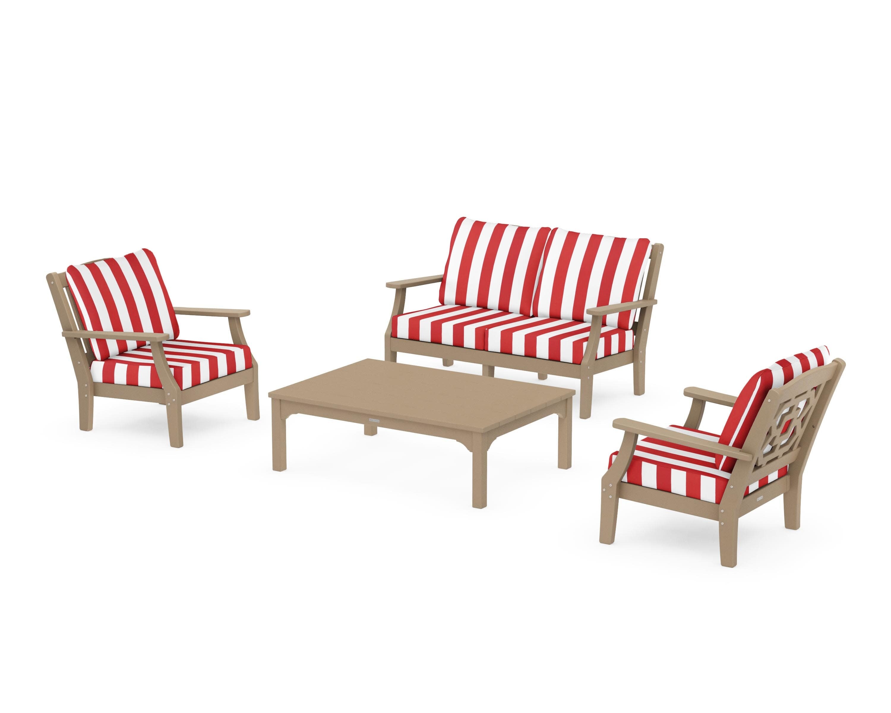 Chinoiserie 4-Piece Deep Seating Set with Loveseat in Vintage Sahara / Cabana Stripe Crimson
