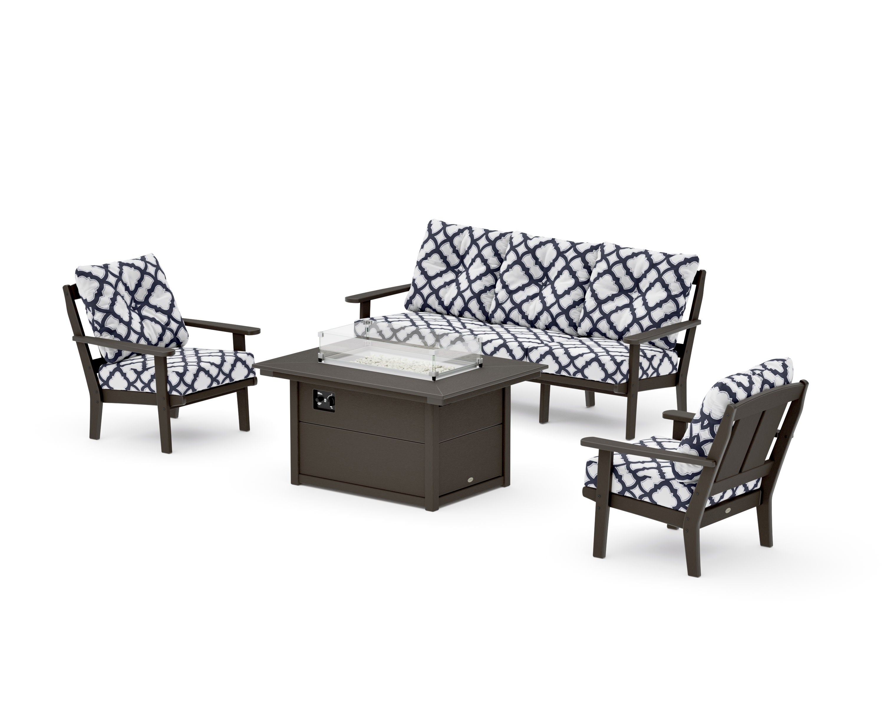 Mission Deep Seating Fire Pit Table Set in Vintage Coffee / Trellis Navy