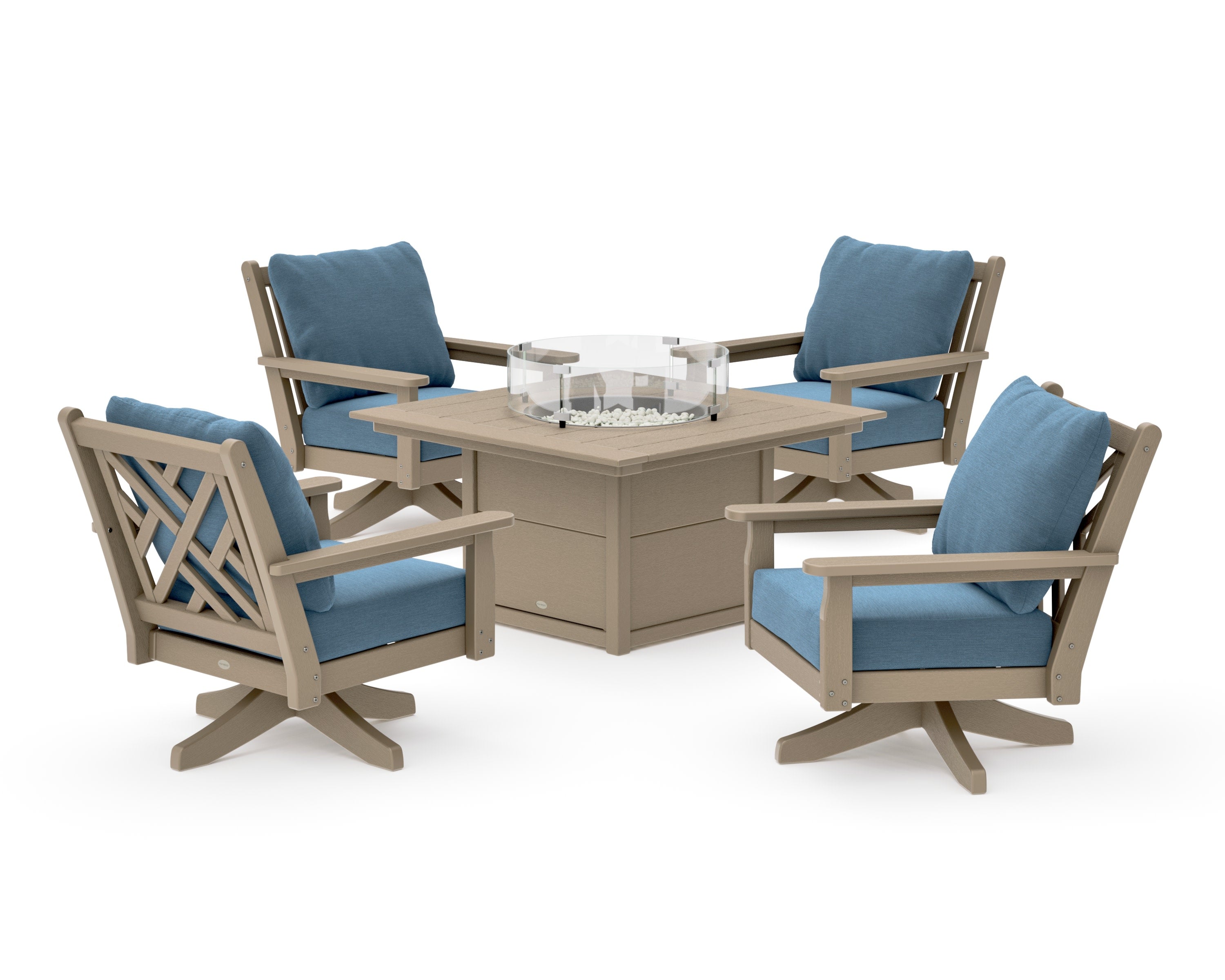 Chippendale 5-Piece Deep Seating Swivel Conversation Set with Fire Pit Table in Vintage Sahara / Sky Blue